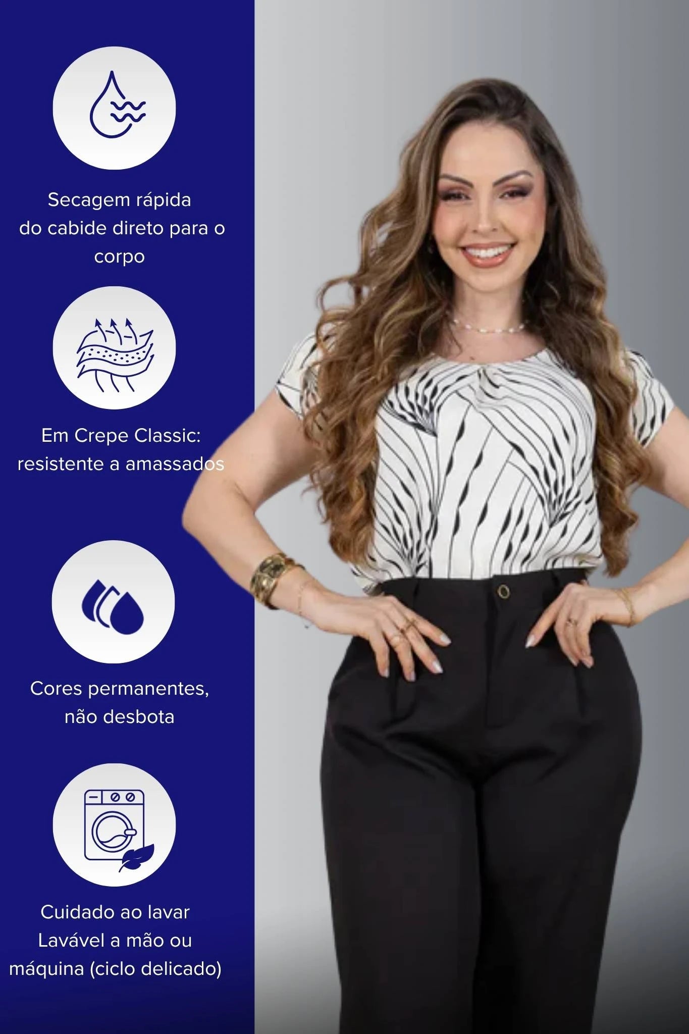 Blusa Manga Curta Transpassada em Crepe Classic Estampada Alana Creme