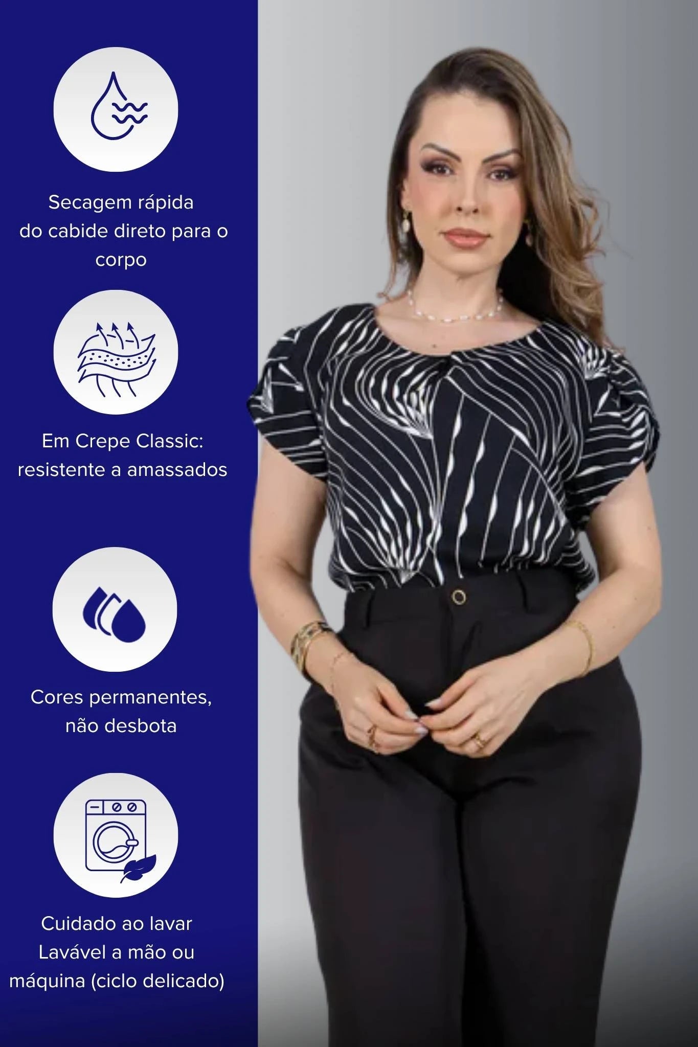 Blusa Manga Curta Transpassada em Crepe Classic Estampada Alana Preta