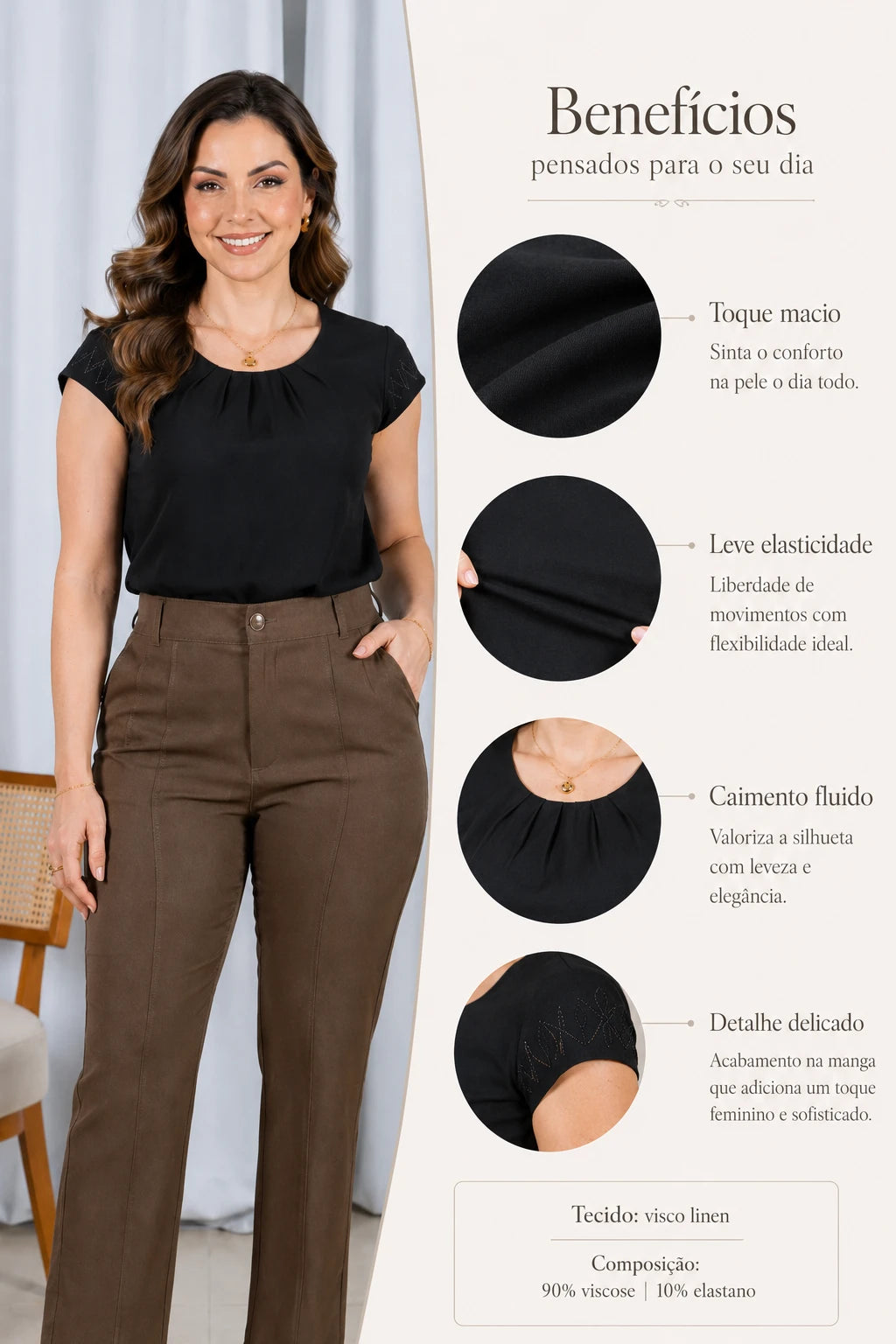 Blusa Visco Linen Muscle com Pregas no Decote Alana Preta