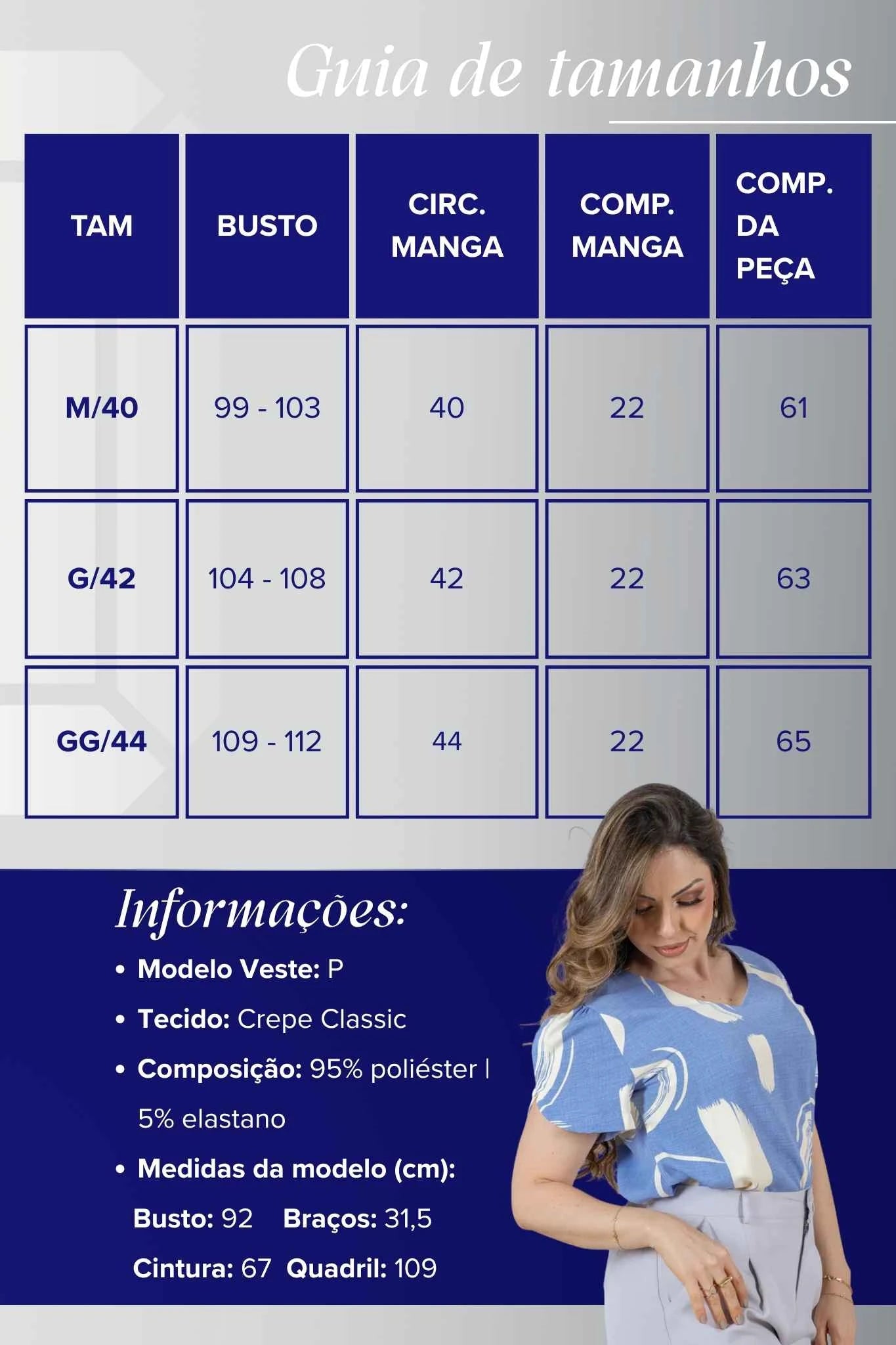 Blusa Manga Curta em Crepe Classic Detalhe Botão Alessandra Estampada Azul