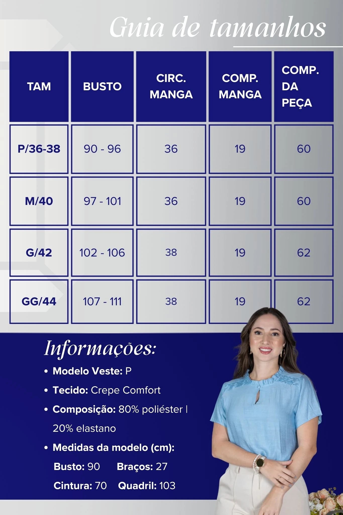 Blusa Manga Curta Crepe Comfort com Pregas e Botão no Colo Alice Azul