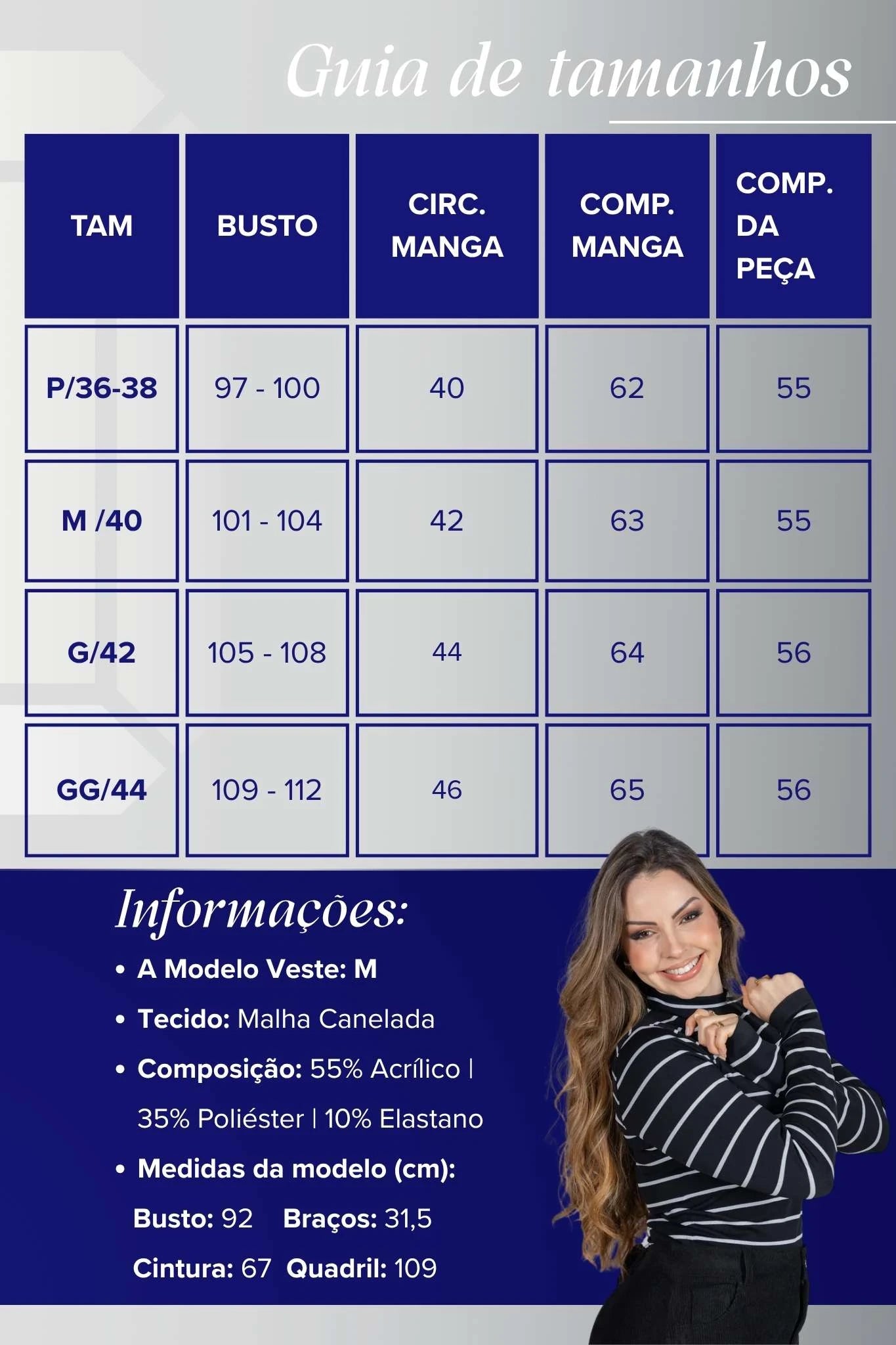 Blusa Manga Longa com Gola Alta em Malha Canelada Andressa Preta