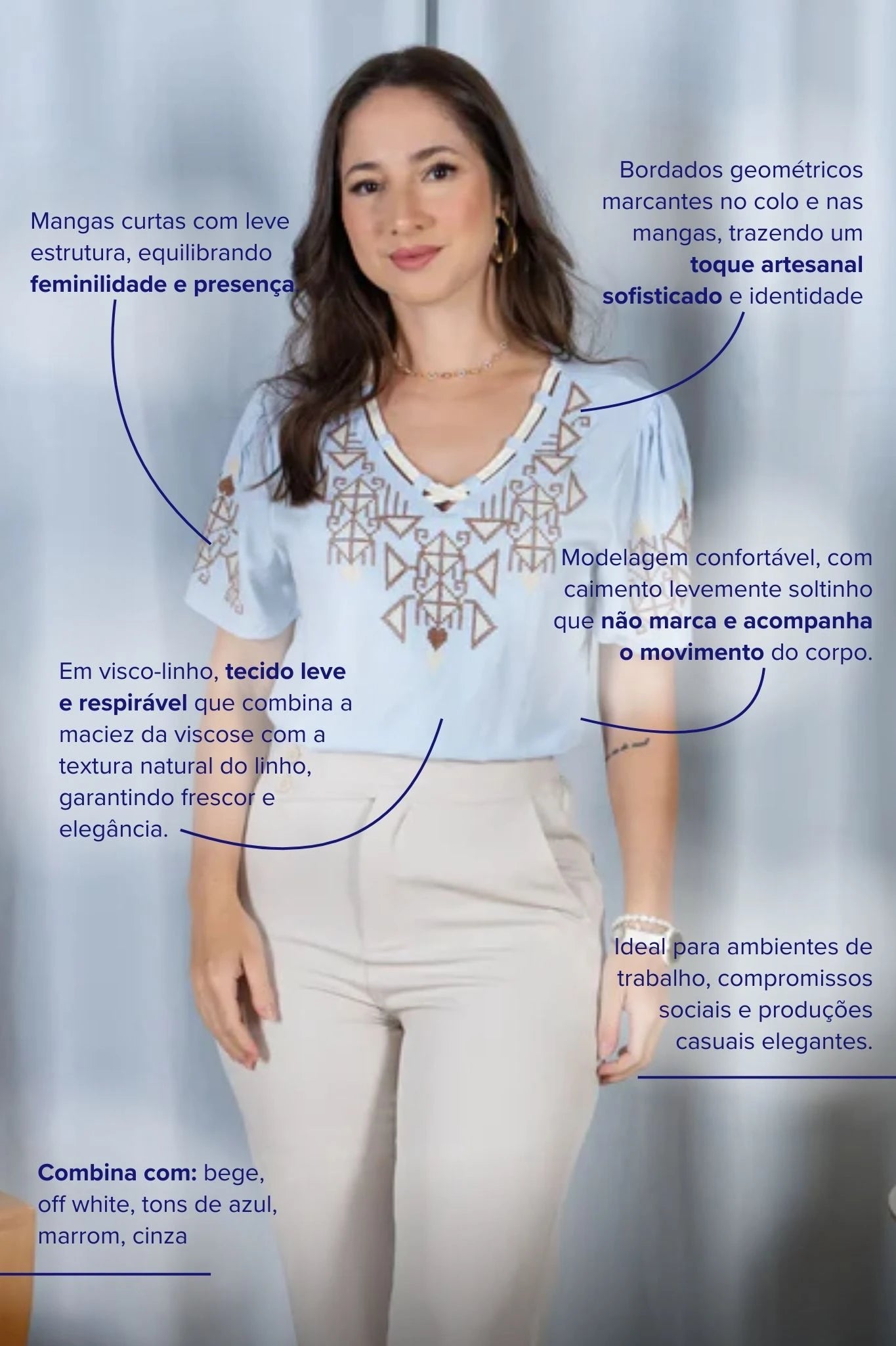 Blusa Manga Curta Decote em "V" Visco-Linho com Detalhes Bordados Colo Angélica Azul
