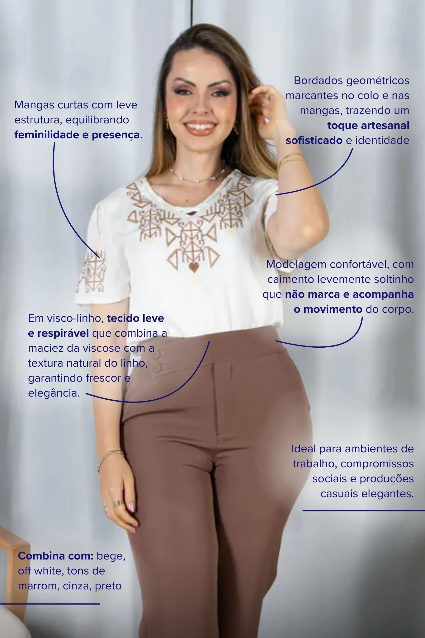 Blusa Manga Curta Decote em "V" Visco-Linho com Detalhes Bordados Colo Angélica Off White