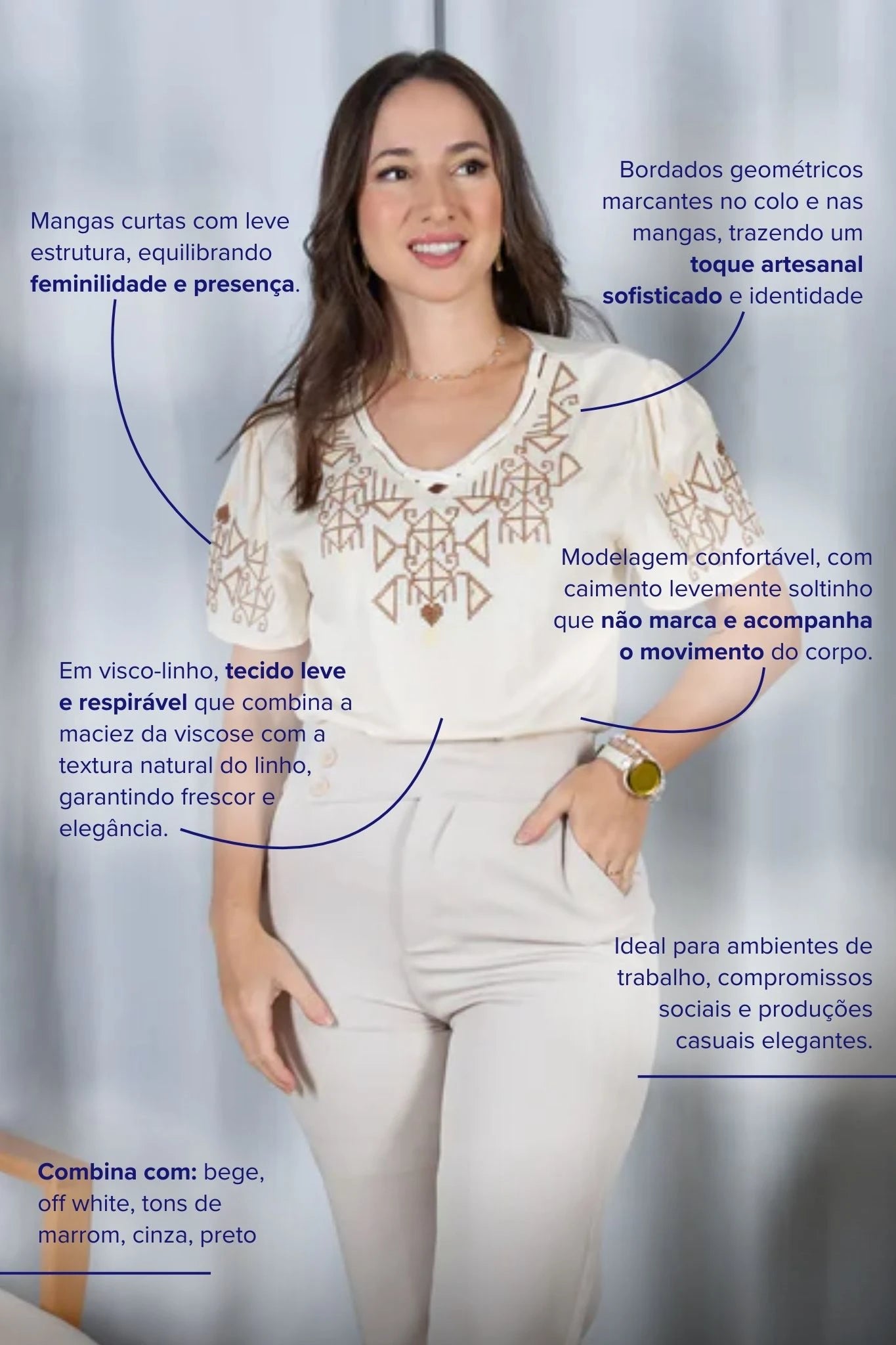 Blusa Manga Curta Decote em "V" Visco-Linho com Detalhes Bordados Colo Angélica Creme