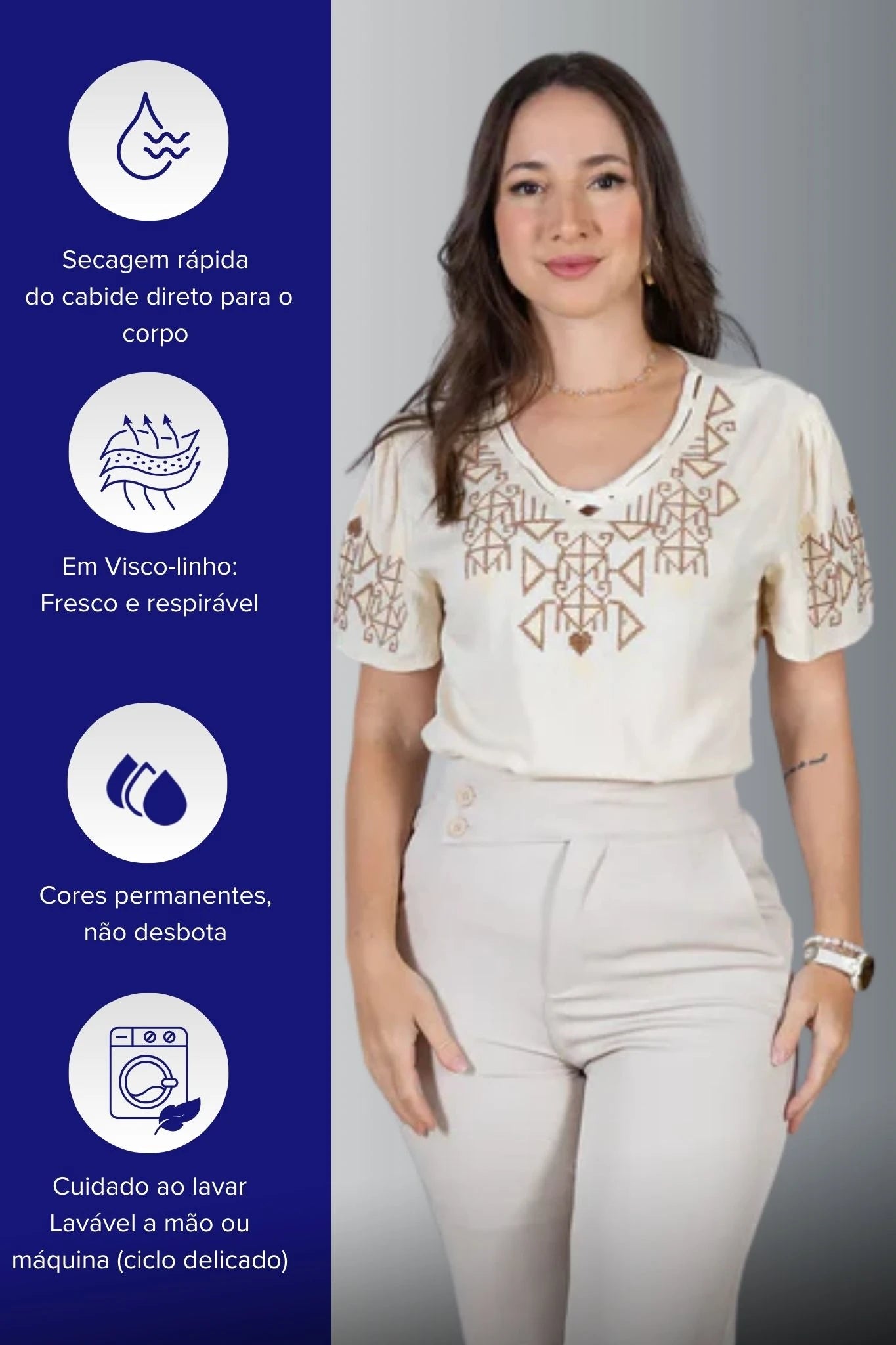 Blusa Manga Curta Decote em "V" Visco-Linho com Detalhes Bordados Colo Angélica Creme