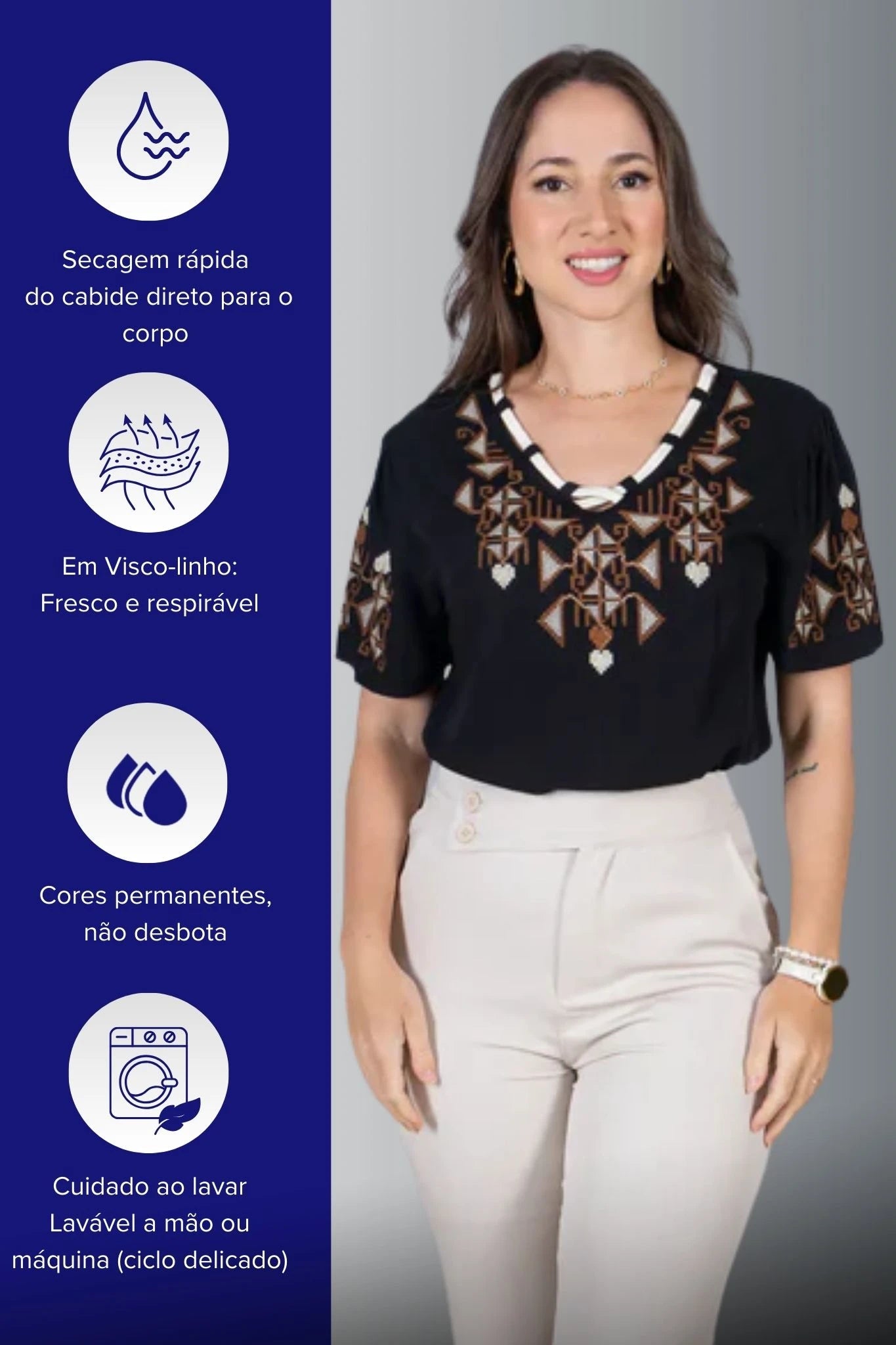 Blusa Manga Curta Decote em "V" Visco-Linho com Detalhes Bordados Colo Angélica Preta
