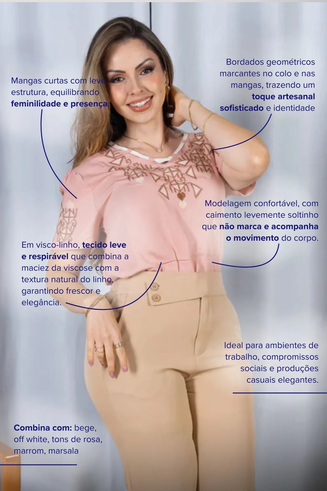 Blusa Manga Curta Decote em "V" Visco-Linho com Detalhes Bordados Colo Angélica Rosê