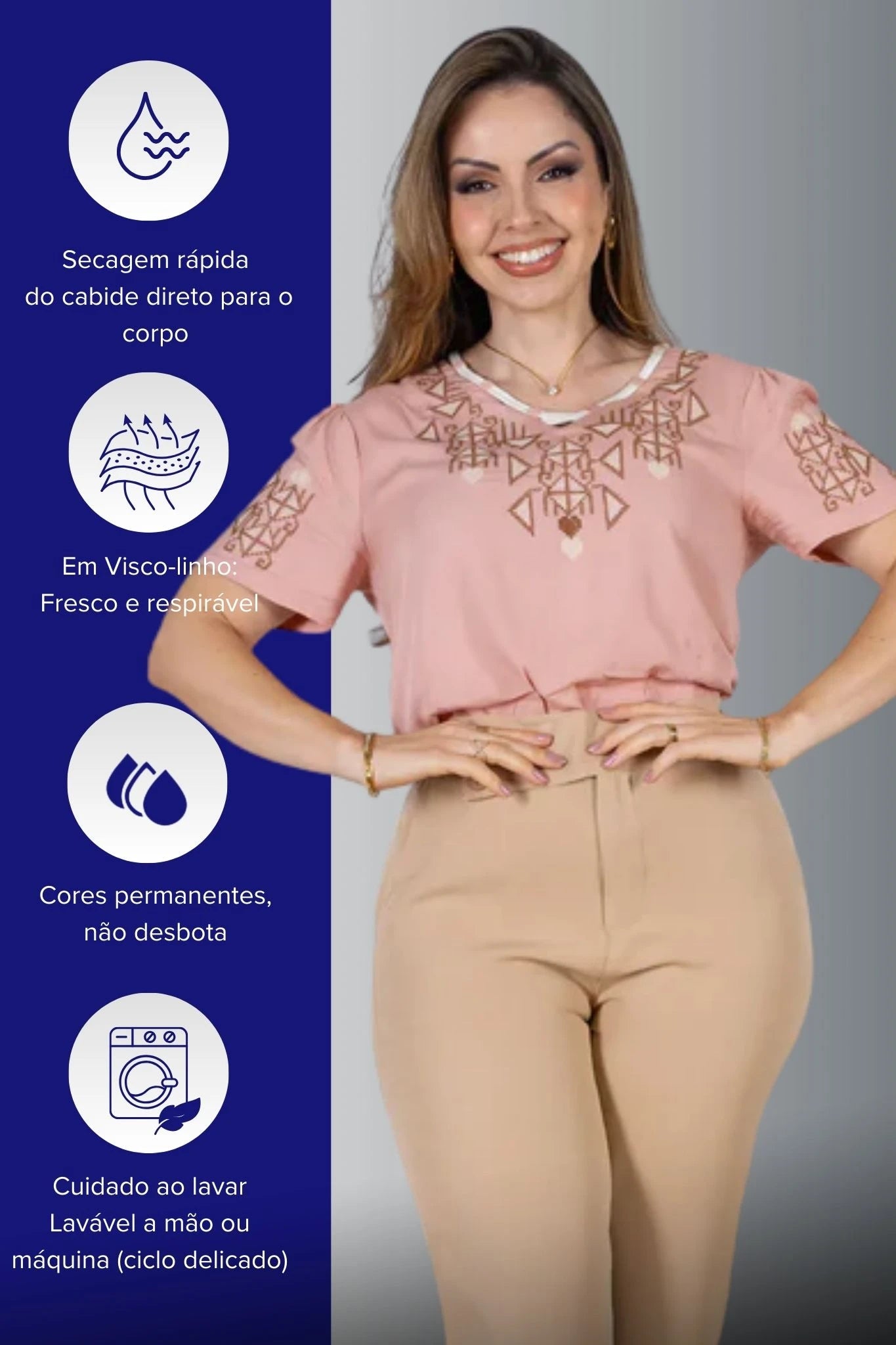 Blusa Manga Curta Decote em "V" Visco-Linho com Detalhes Bordados Colo Angélica Rosê