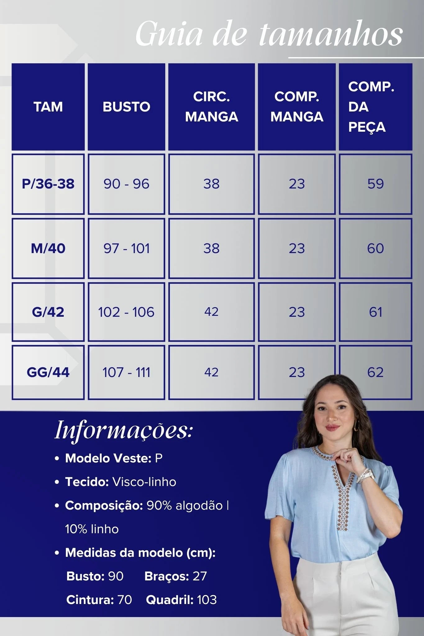 Blusa Manga Curta Detalhe Decote "V" Bordada Algodão Linho Antonella Azul