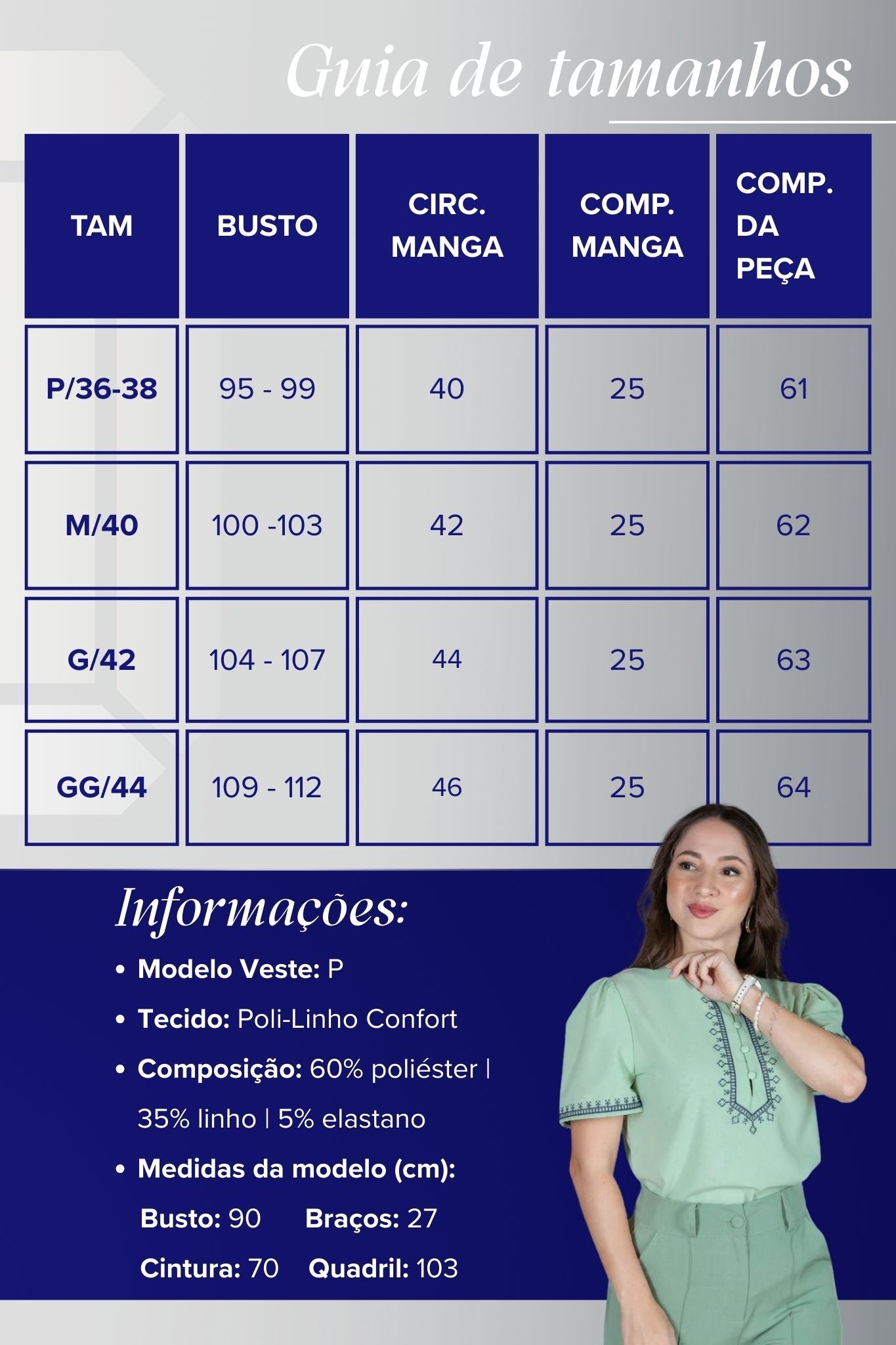 Blusa Manga Curta Poli-Linho Confort Detalhes Bordados e Botões Antônia Verde