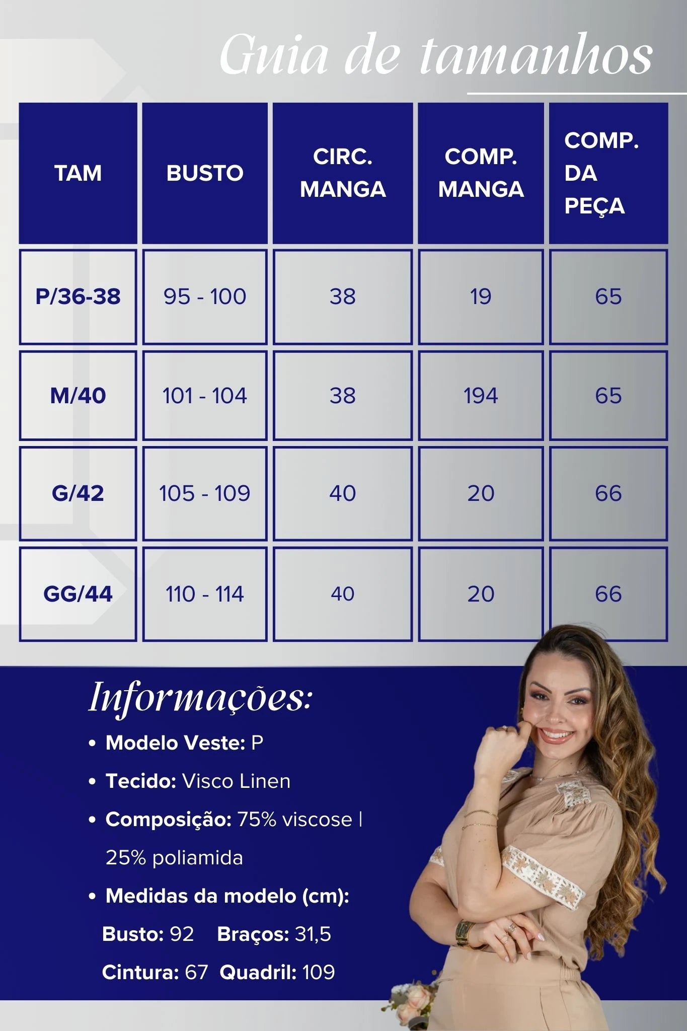 Blusa Manga Curta Decote em "V" Visco Linen com Detalhes Bordados Beatrice Bege