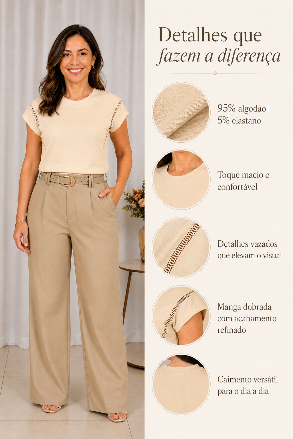 Blusa Cotton Lycra Muscle com Detalhe em Entremeio Betina Creme