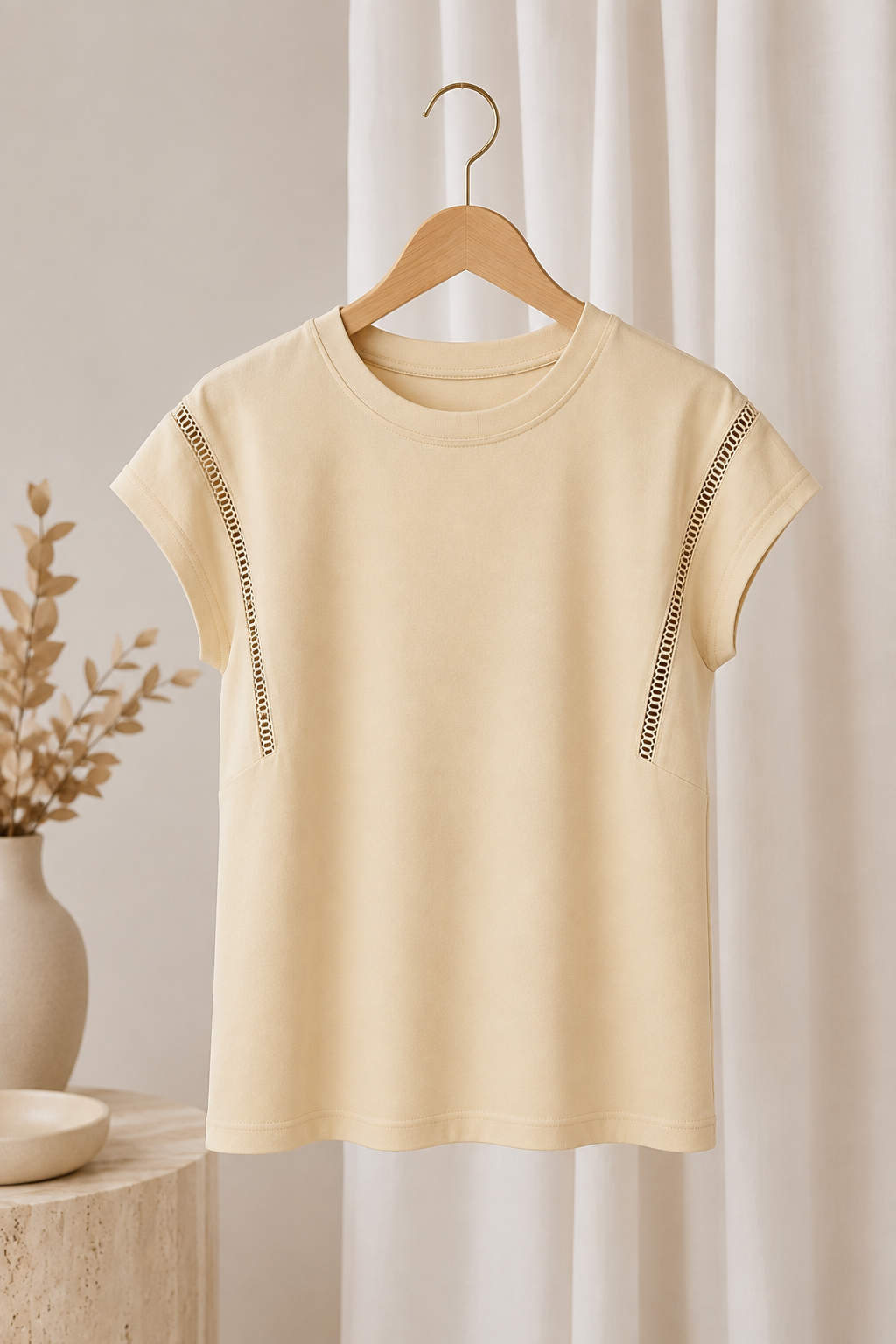 Blusa Cotton Lycra Muscle com Detalhe em Entremeio Betina Creme