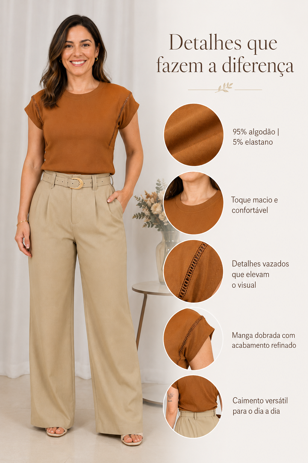 Blusa Cotton Lycra Muscle com Detalhe em Entremeio Betina Marrom