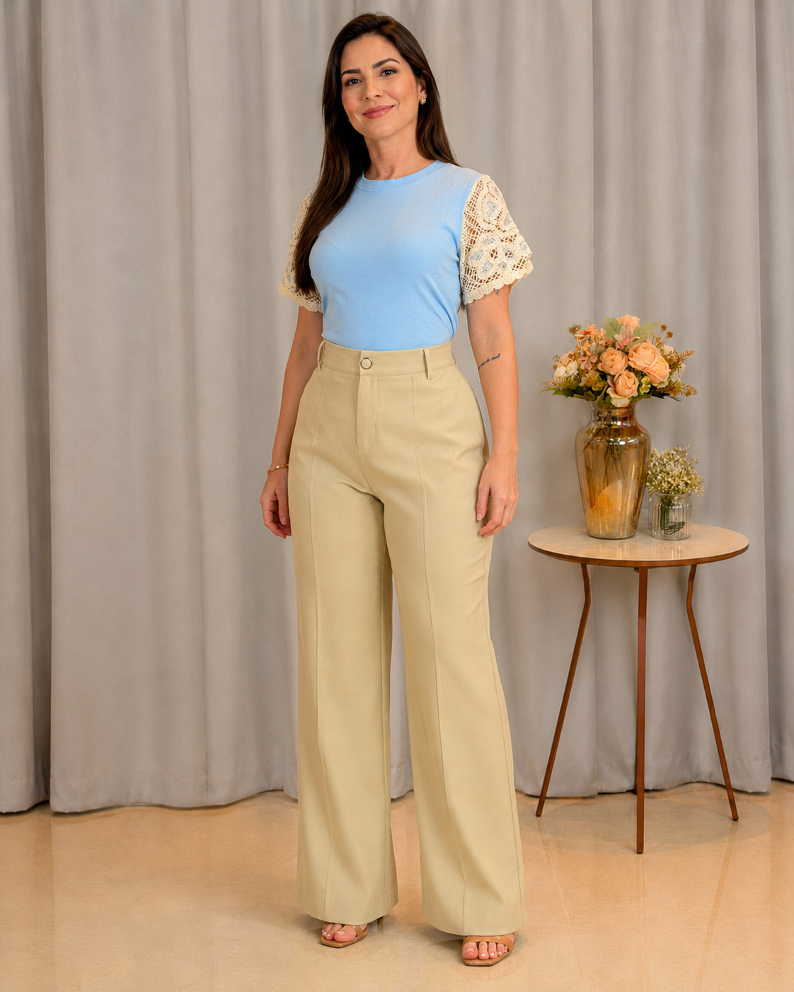 Blusa Cotton Lycra com Manga em Crochê Leonor Azul