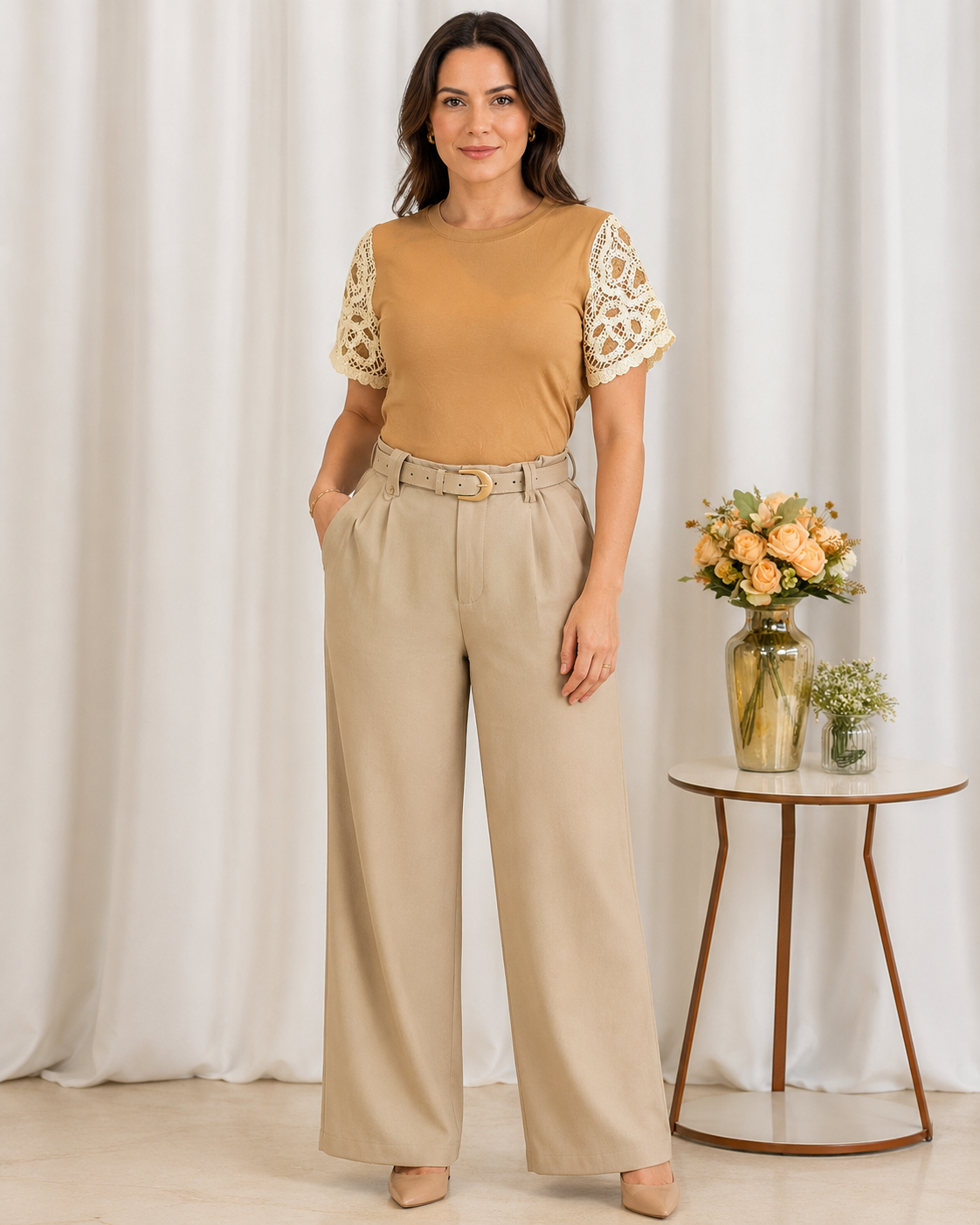 Blusa Cotton Lycra com Manga em Crochê Leonor Bege