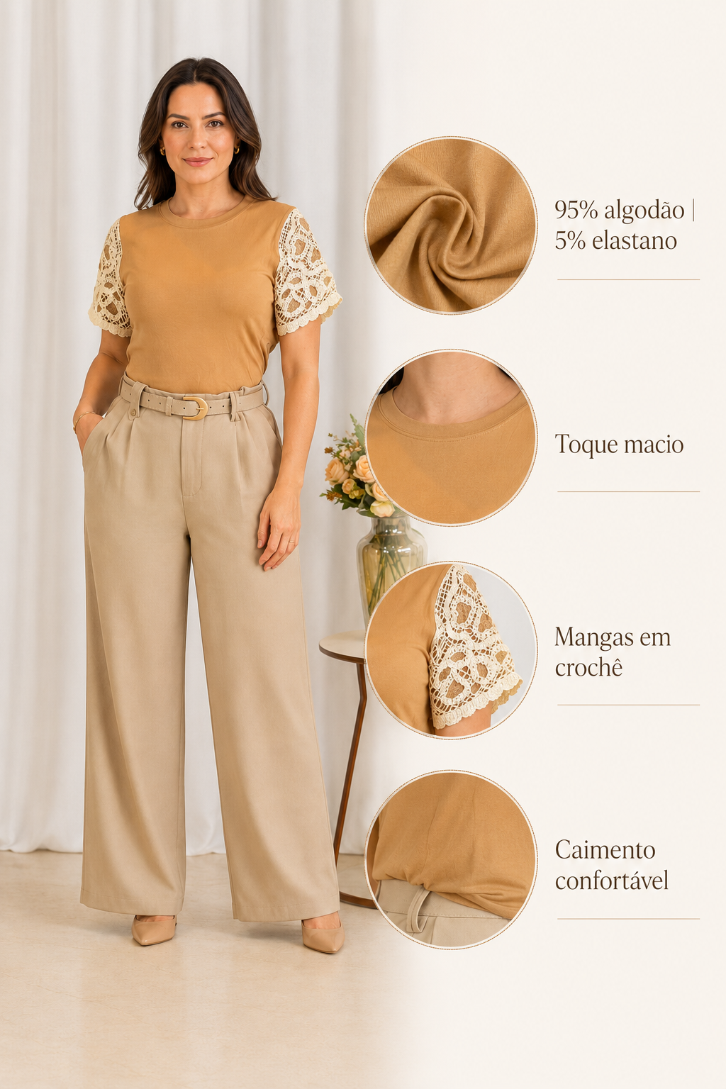 Blusa Cotton Lycra com Manga em Crochê Leonor Bege