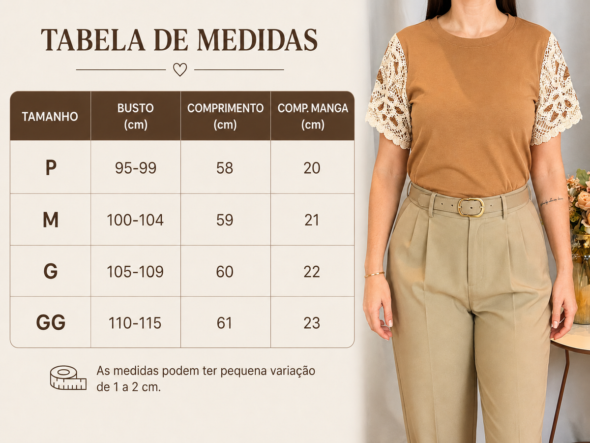 Blusa Cotton Lycra com Manga em Crochê Leonor Bege