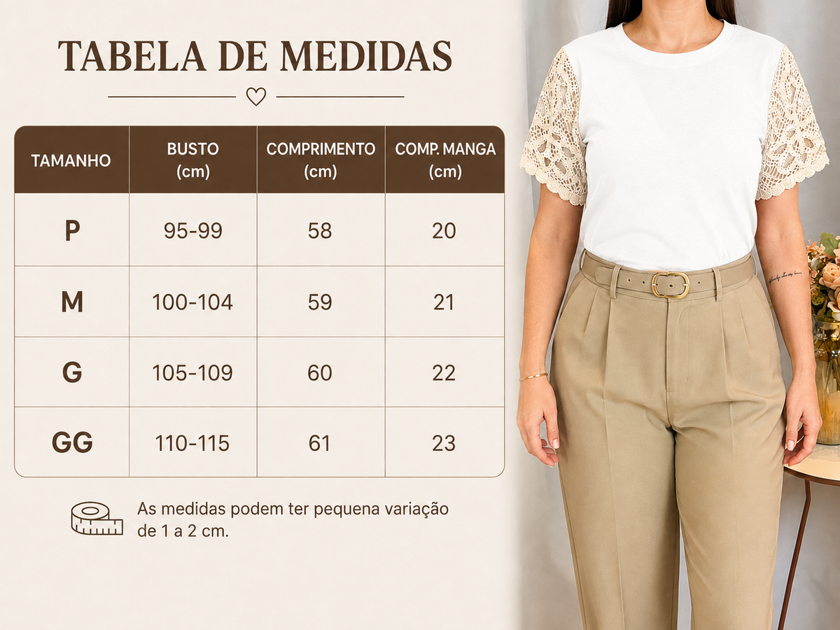 Blusa Cotton Lycra com Manga em Crochê Leonor Branca