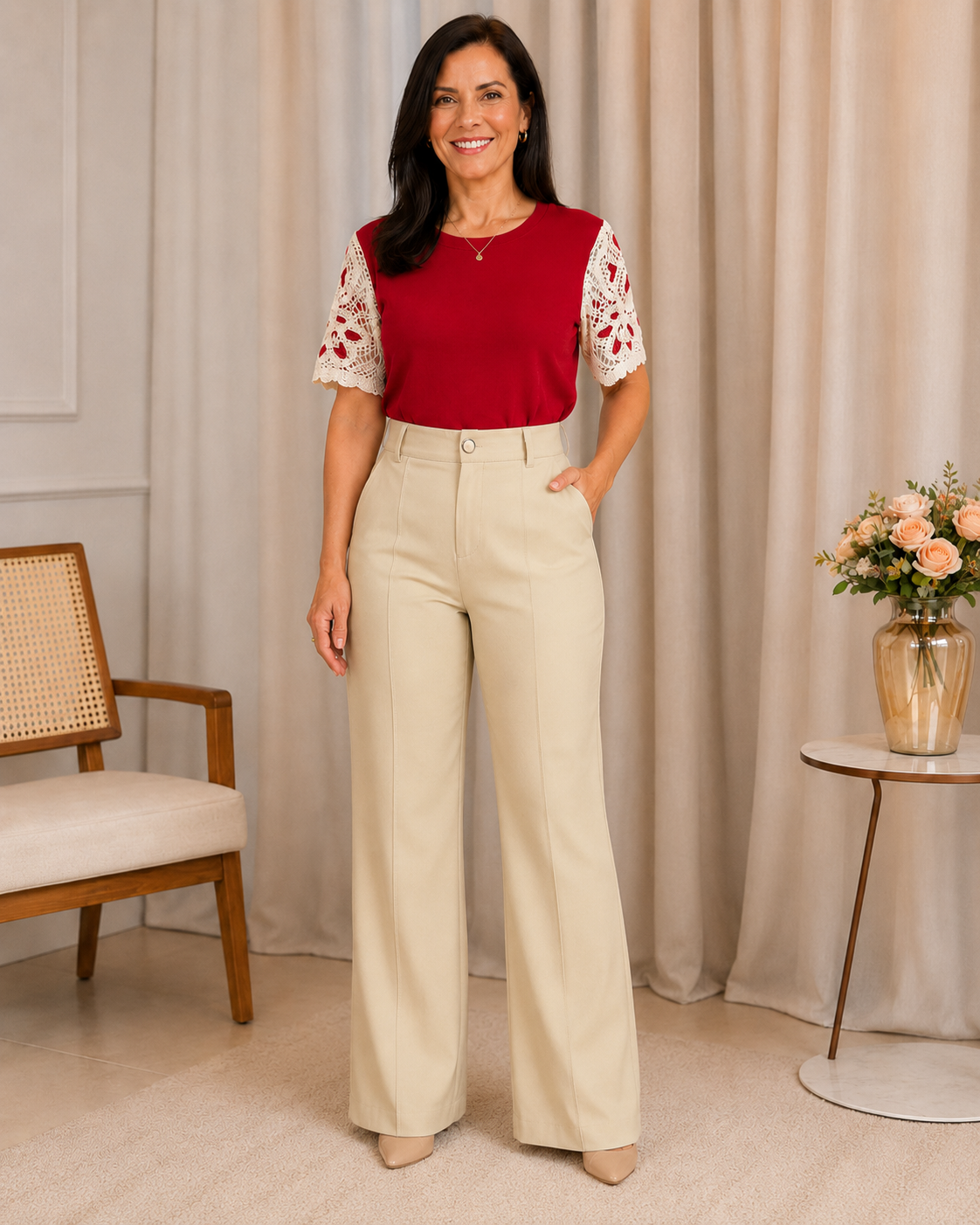 Blusa Cotton Lycra com Manga em Crochê Leonor Vermelha