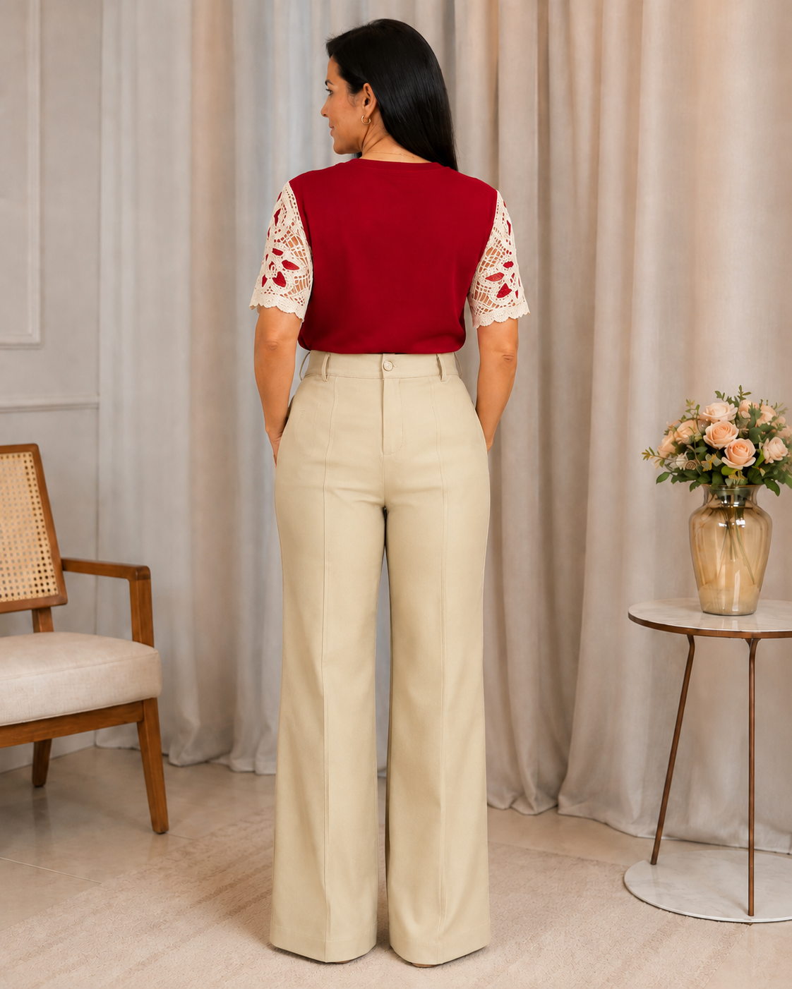 Blusa Cotton Lycra com Manga em Crochê Leonor Vermelha