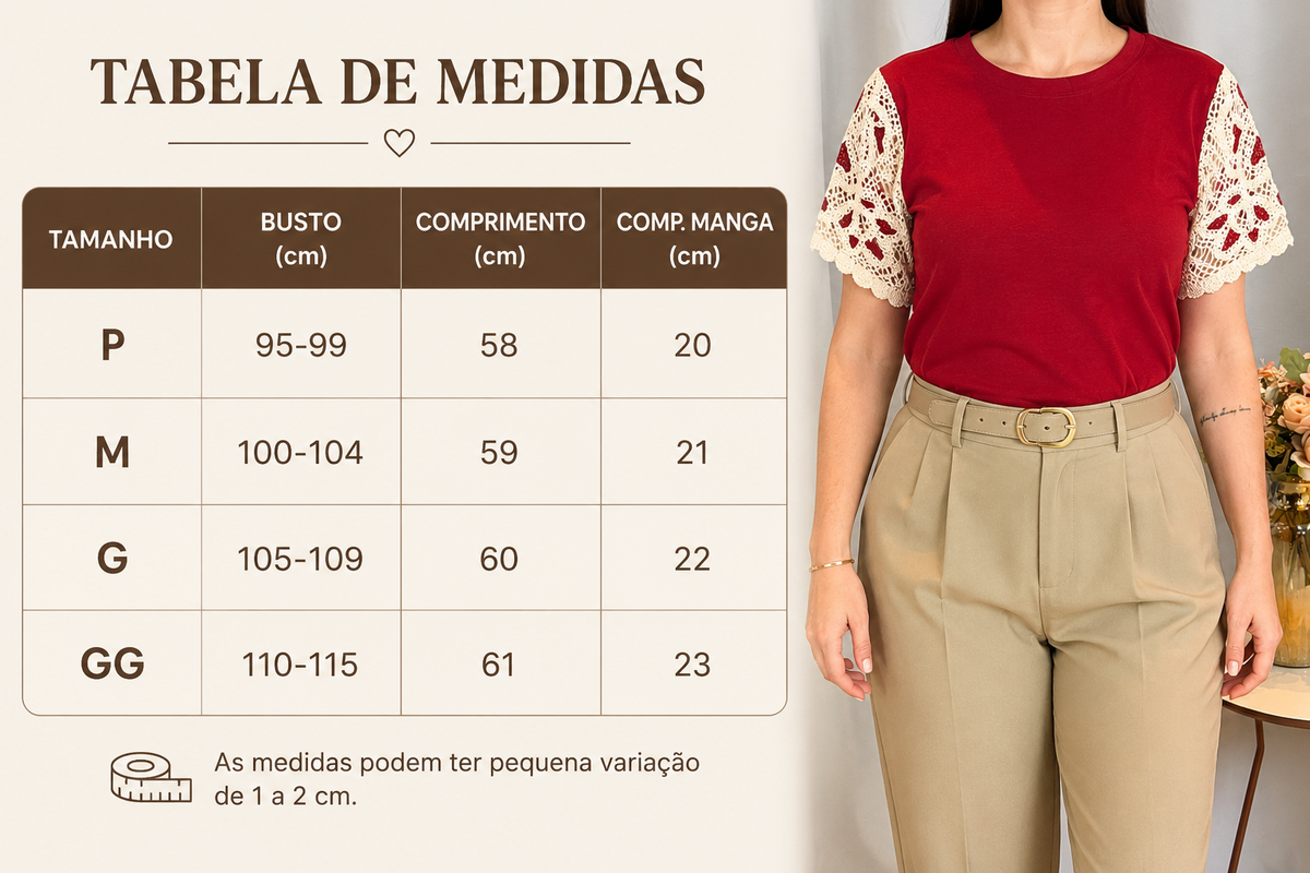 Blusa Cotton Lycra com Manga em Crochê Leonor Vermelha