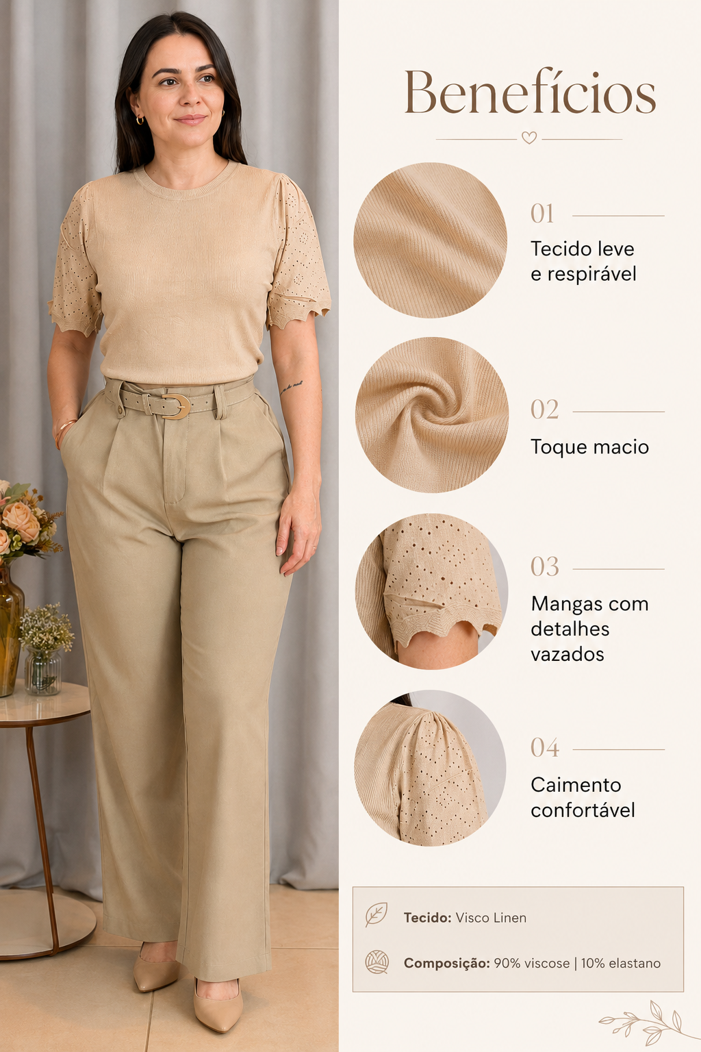 Blusa Manga Curta Que Estica Detalhe Vazado Vivian Bege