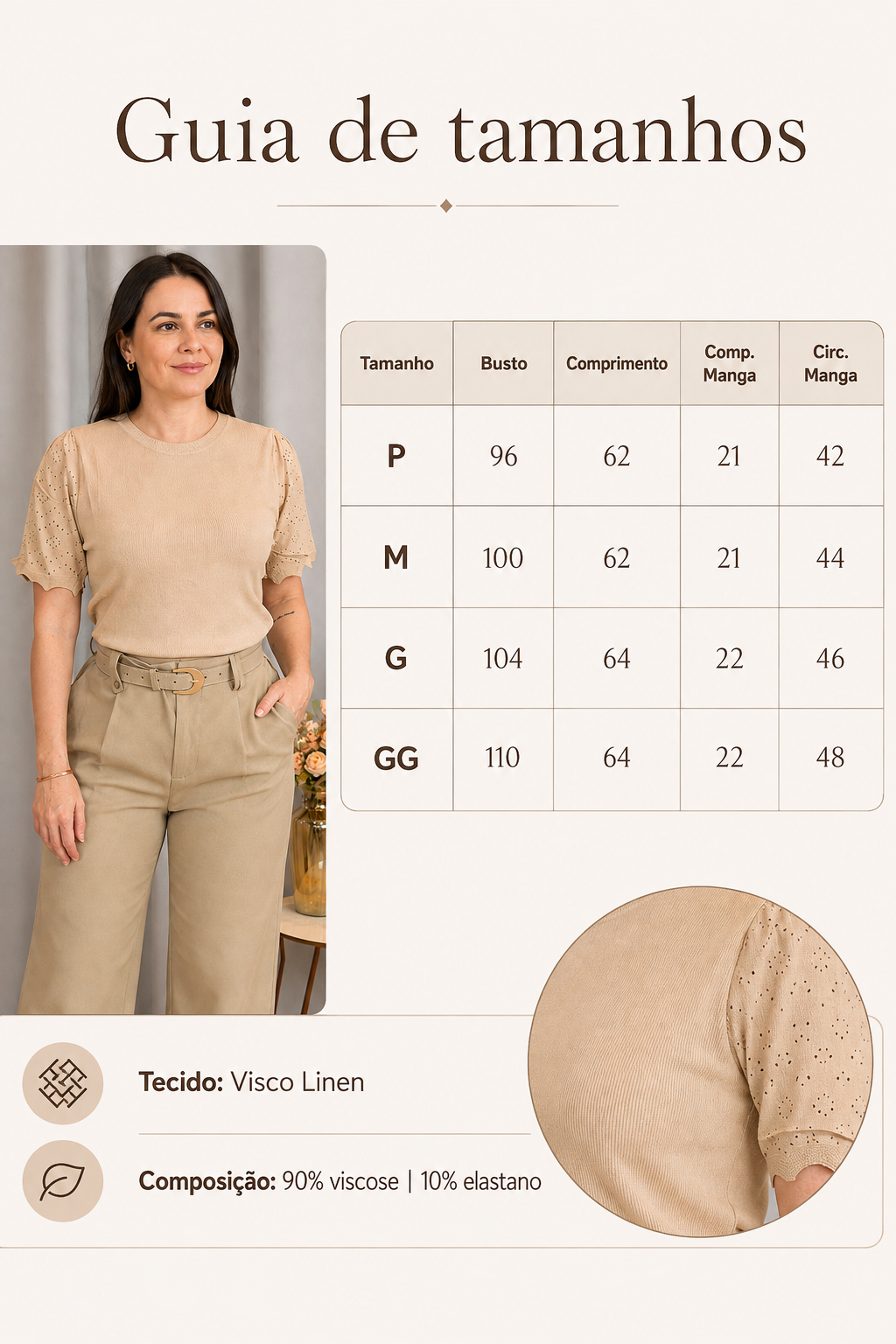 Blusa Manga Curta Que Estica Detalhe Vazado Vivian Bege