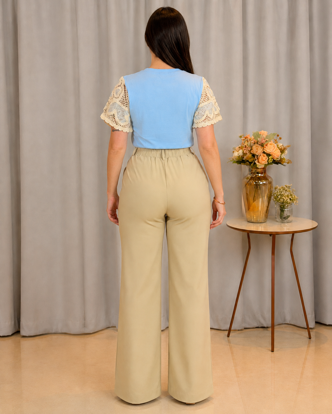 Blusa Cotton Lycra com Manga em Crochê Leonor Azul