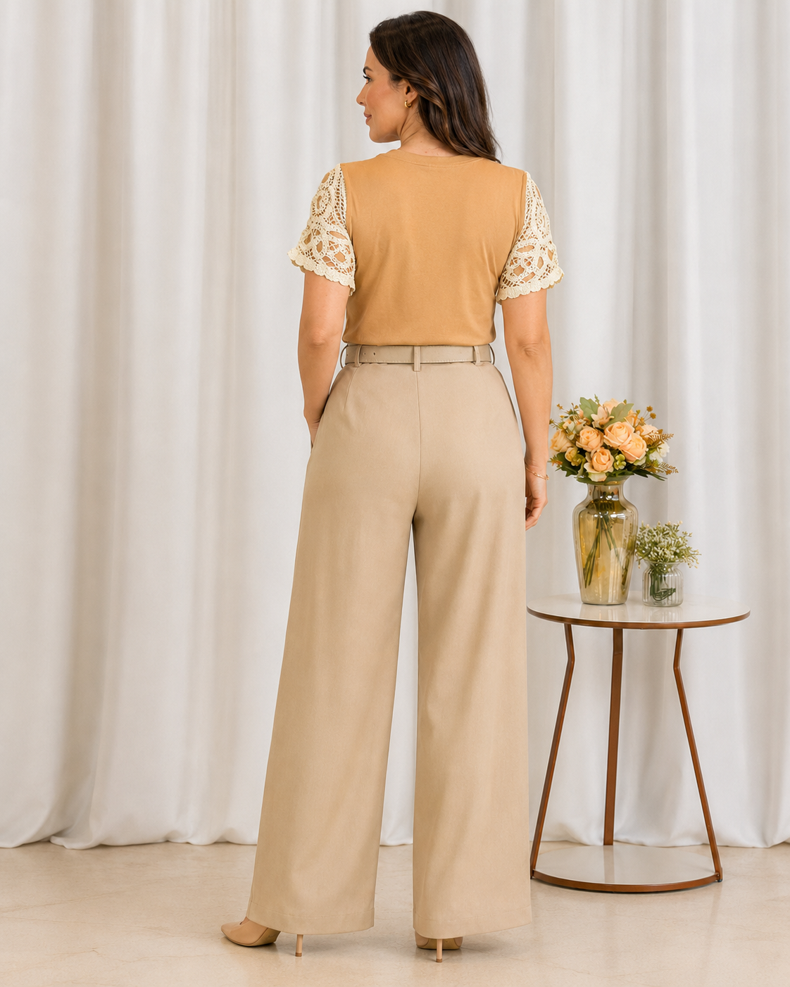 Blusa Cotton Lycra com Manga em Crochê Leonor Bege