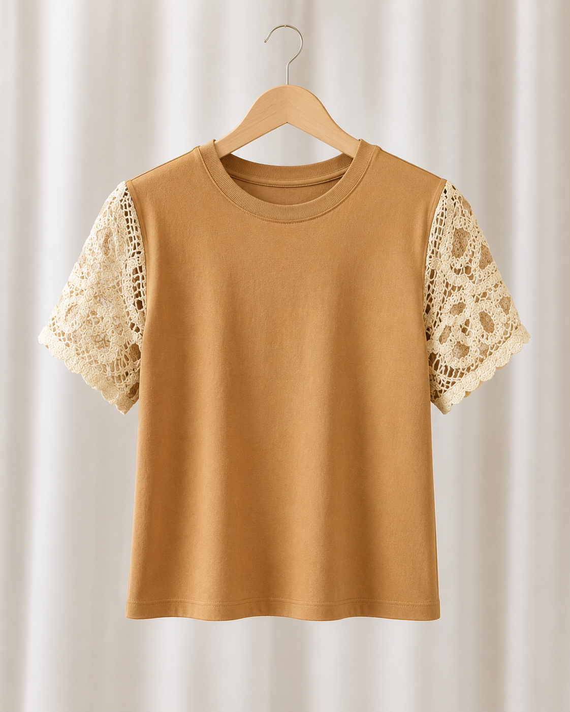 Blusa Cotton Lycra com Manga em Crochê Leonor Bege