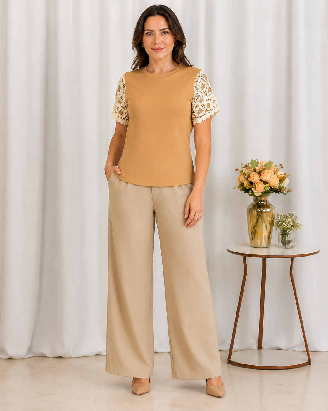 Blusa Cotton Lycra com Manga em Crochê Leonor Bege
