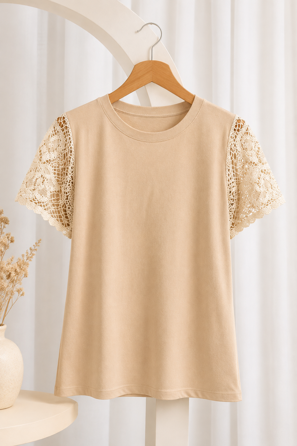 Blusa Cotton Lycra com Manga em Crochê Leonor Creme
