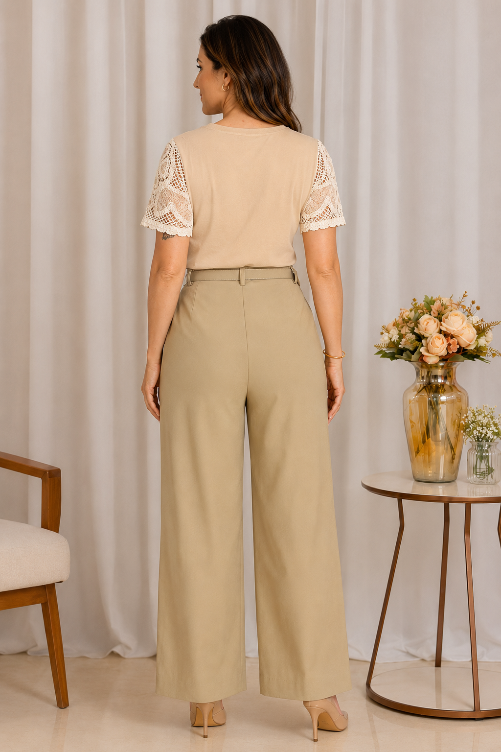 Blusa Cotton Lycra com Manga em Crochê Leonor Creme