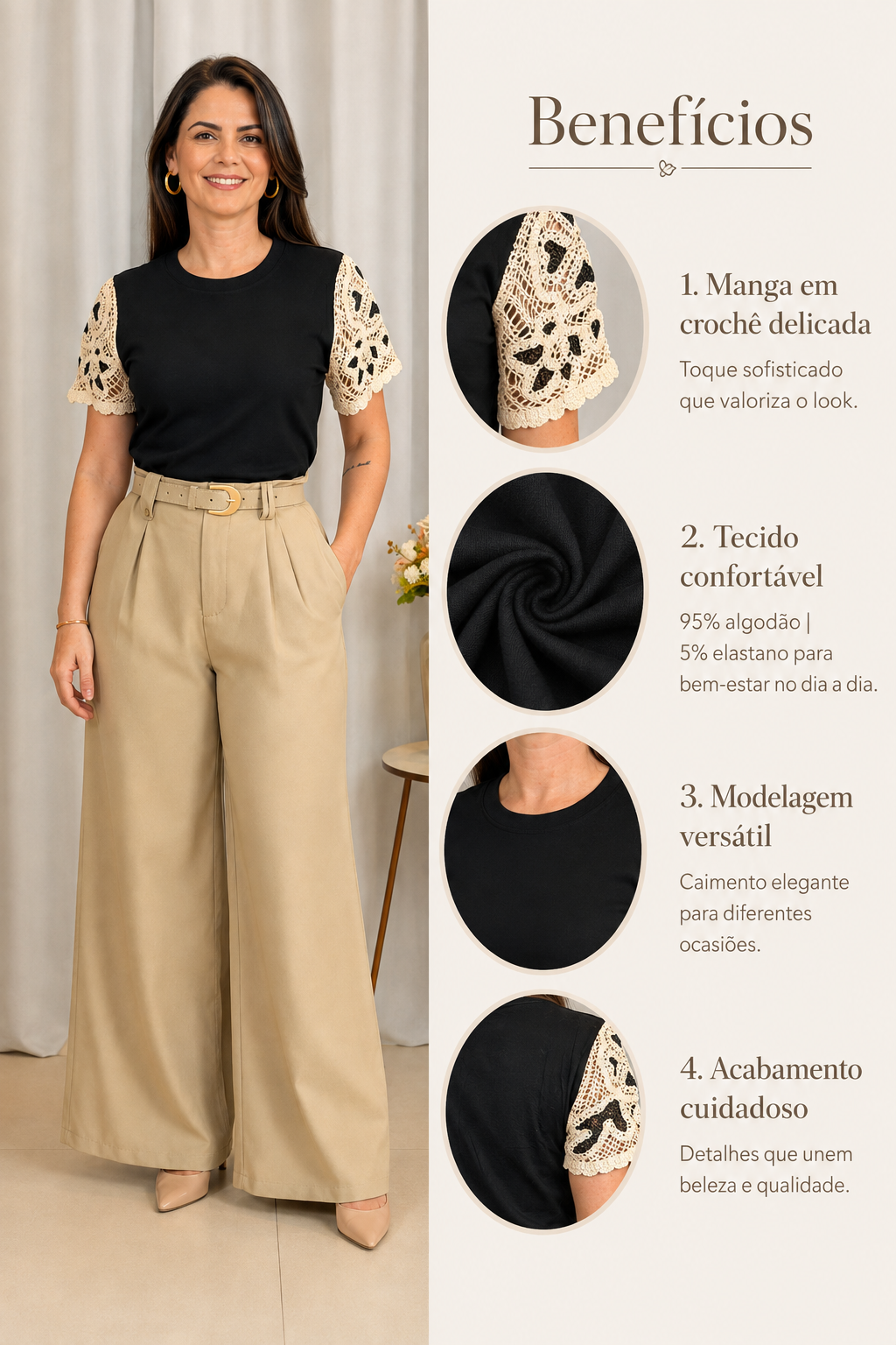 Blusa Cotton Lycra com Manga em Crochê Leonor Preta