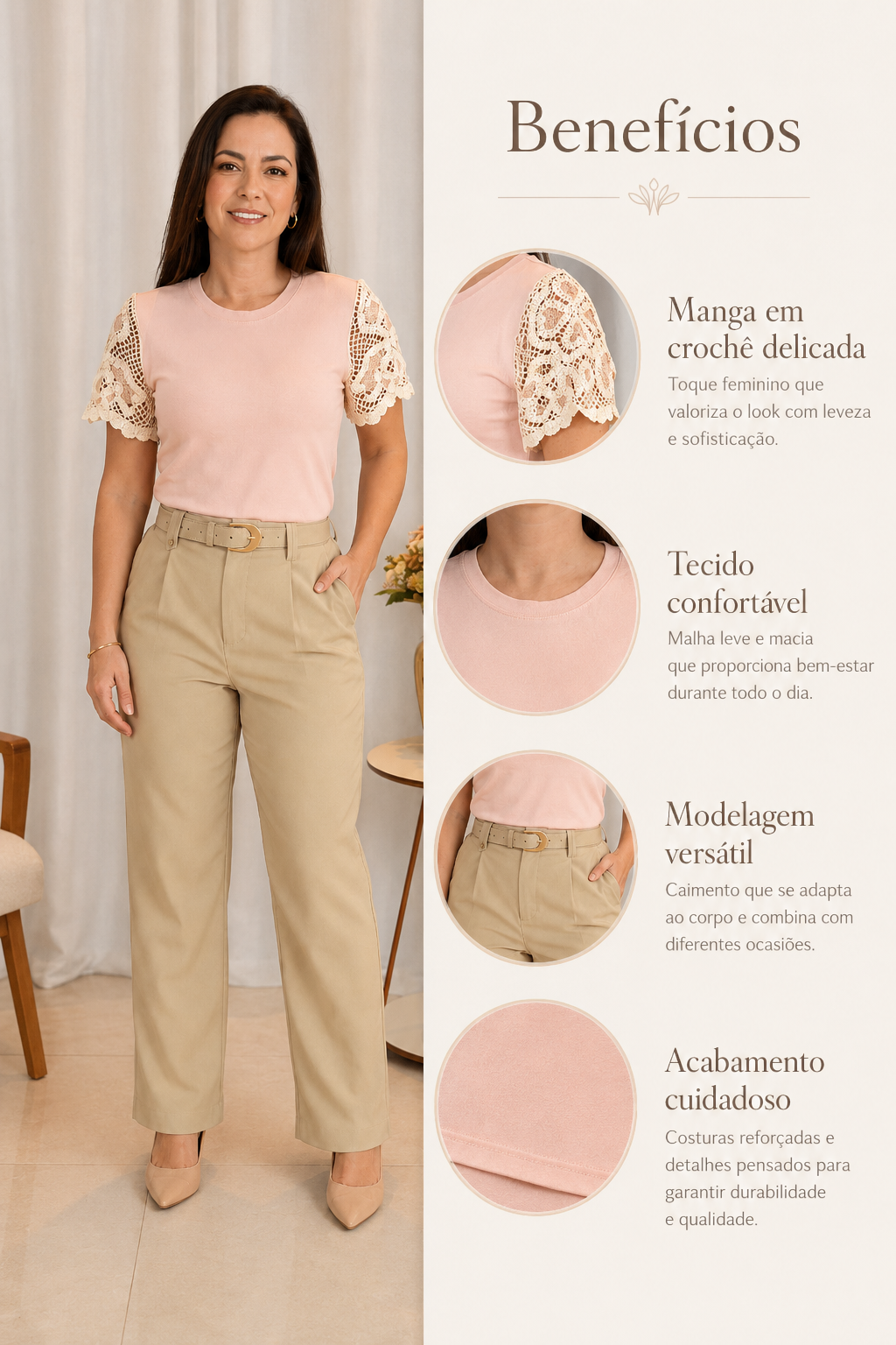Blusa Cotton Lycra com Manga em Crochê Leonor Rosa