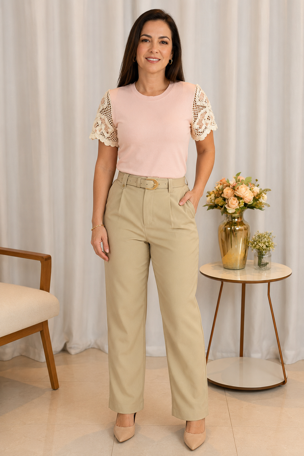 Blusa Cotton Lycra com Manga em Crochê Leonor Rosa