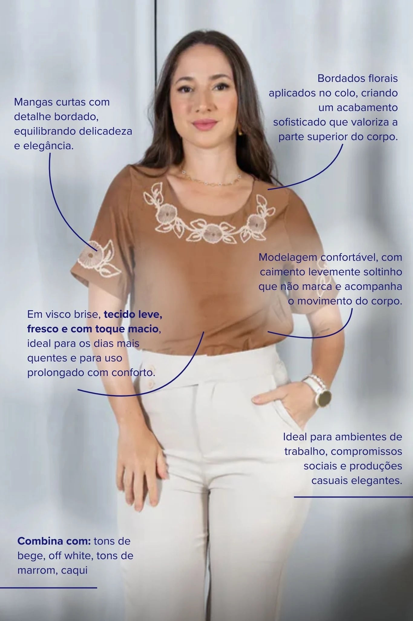 Blusa Manga Curta com Detalhes Bordados Colo Visco Brise Camila Marrom