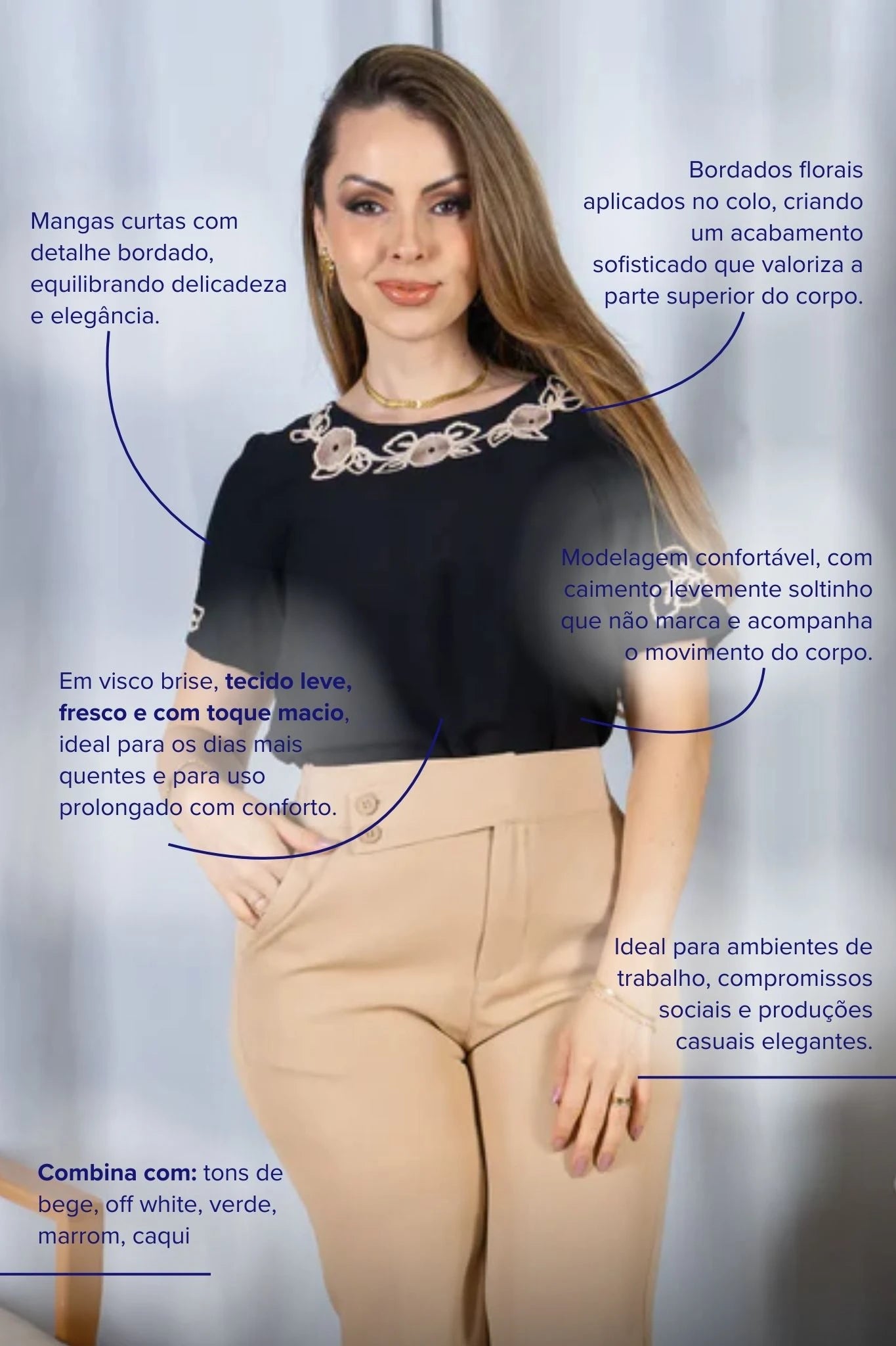 Blusa Manga Curta com Detalhes Bordados Colo Visco Brise Camila Preta