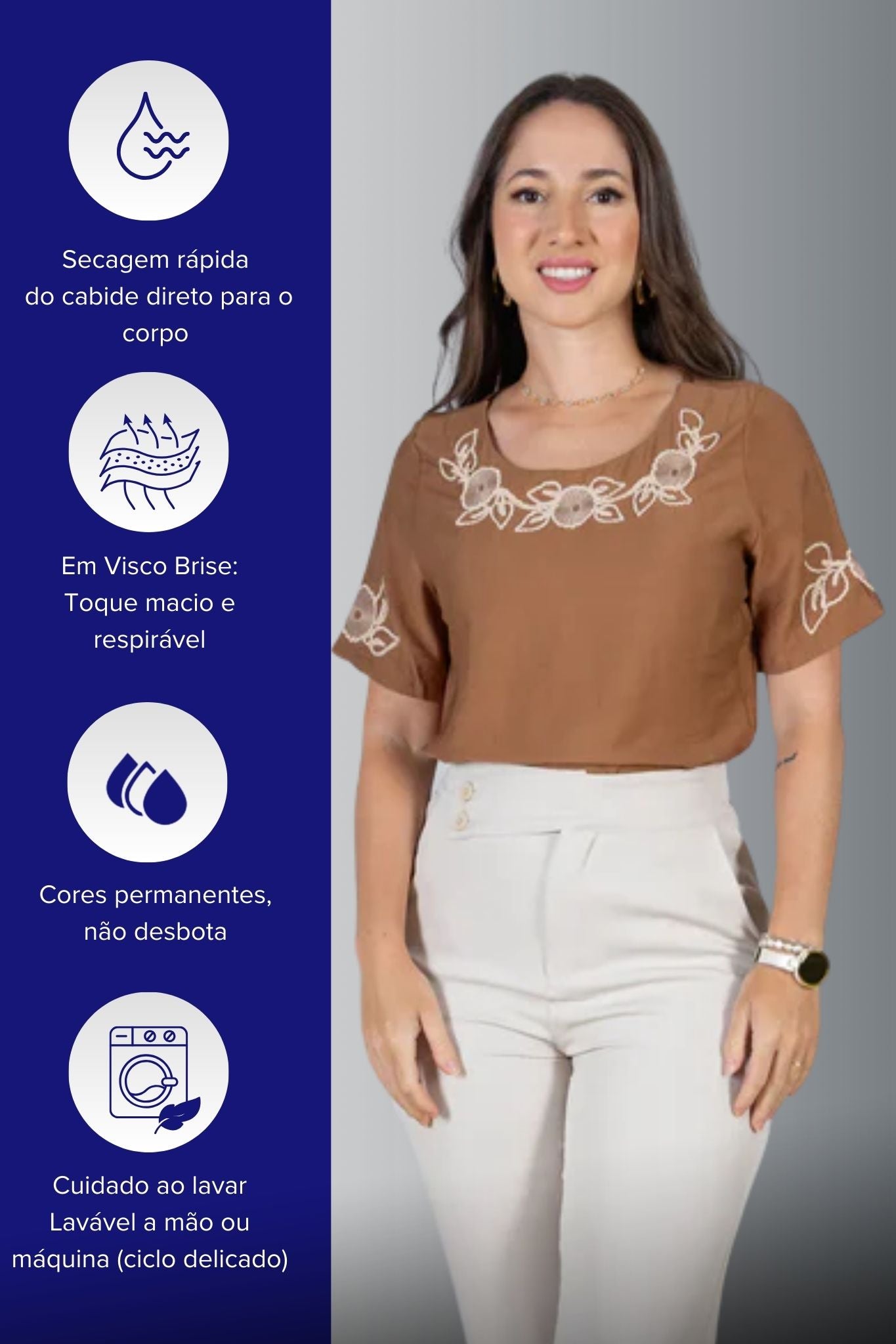 Blusa Manga Curta com Detalhes Bordados Colo Visco Brise Camila Marrom
