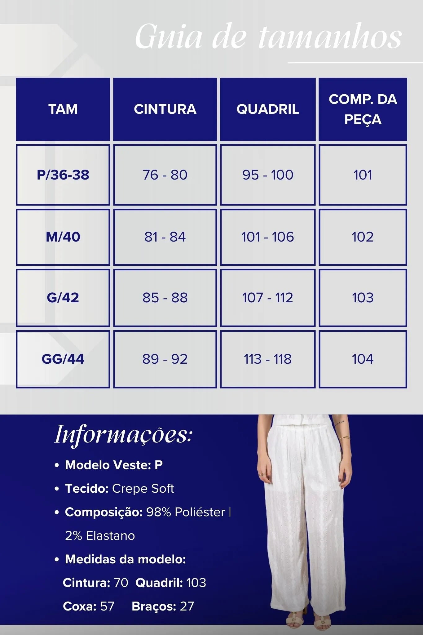 Calça Pantalona Bordado e Cós com Elástico Crepe Soft Carla Branco