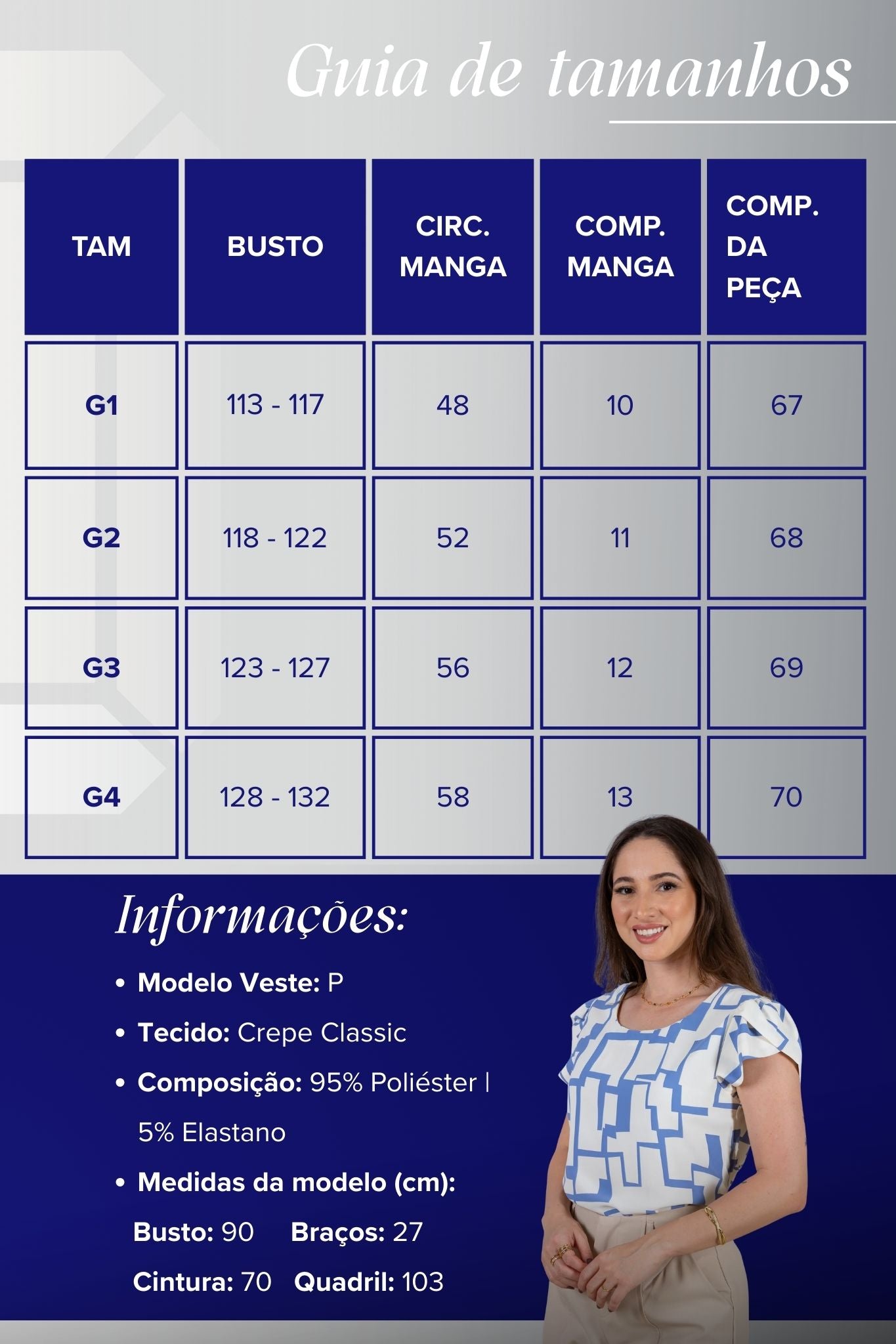 Blusa Manga Curta Transpassada Crepe Classic Carmen Estampada Geométrica Azul