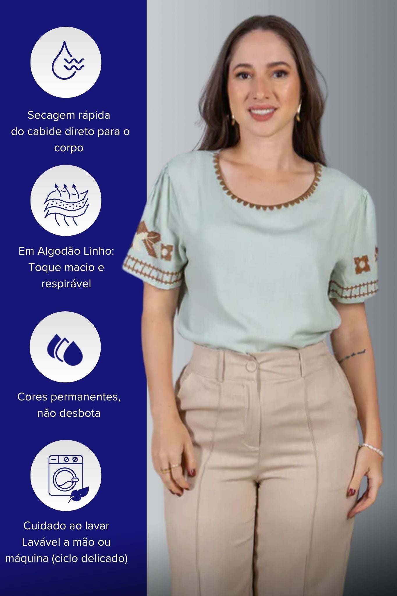 Blusa Manga Curta Algodão Linho Detalhes Bordados Cecilia Verde