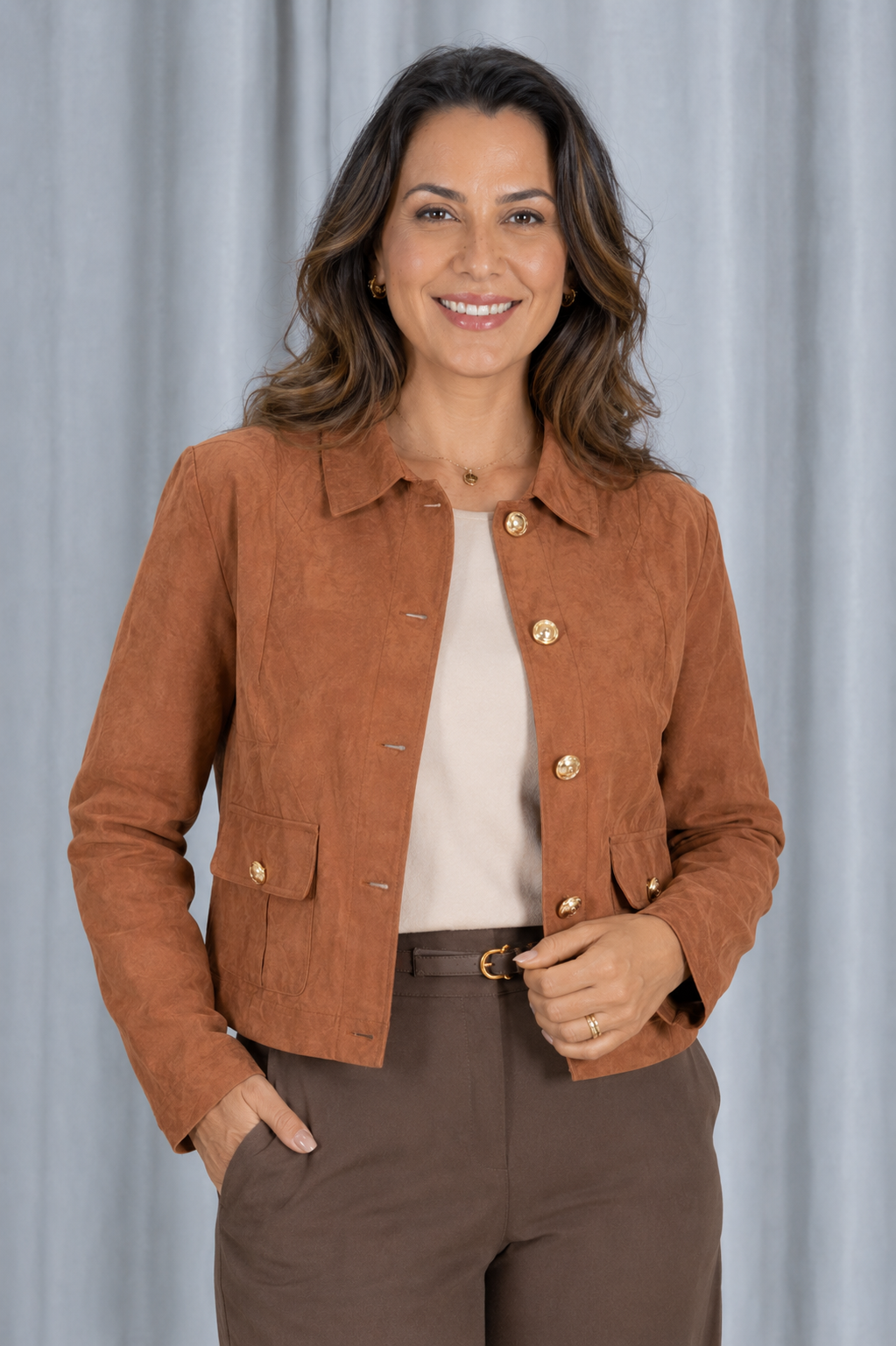 Jaqueta em Suede com Botões Delicados Rosane Caramelo