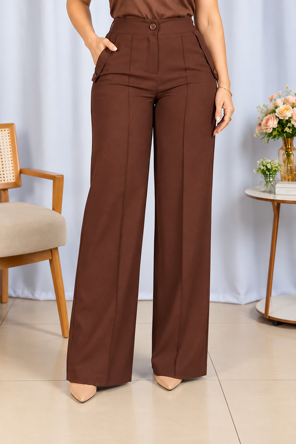 Calça Pantalona Confortável Cós com Elástico Simone Marrom