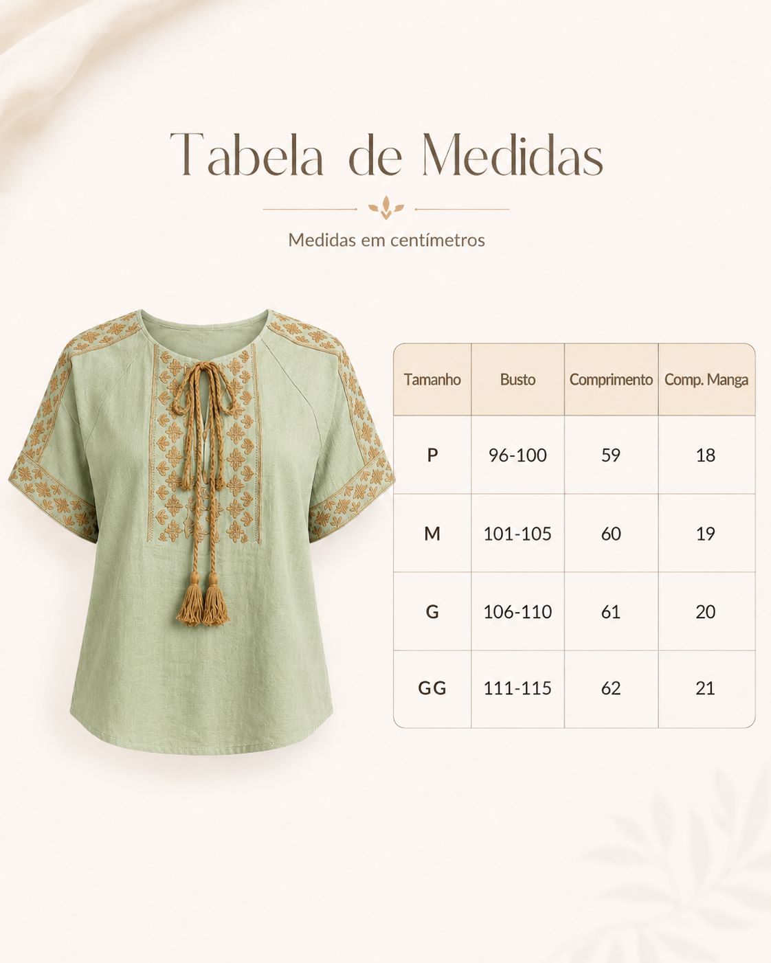 Blusa Em Cotton Linho Fresca Bordada Com Amarração Edna Verde