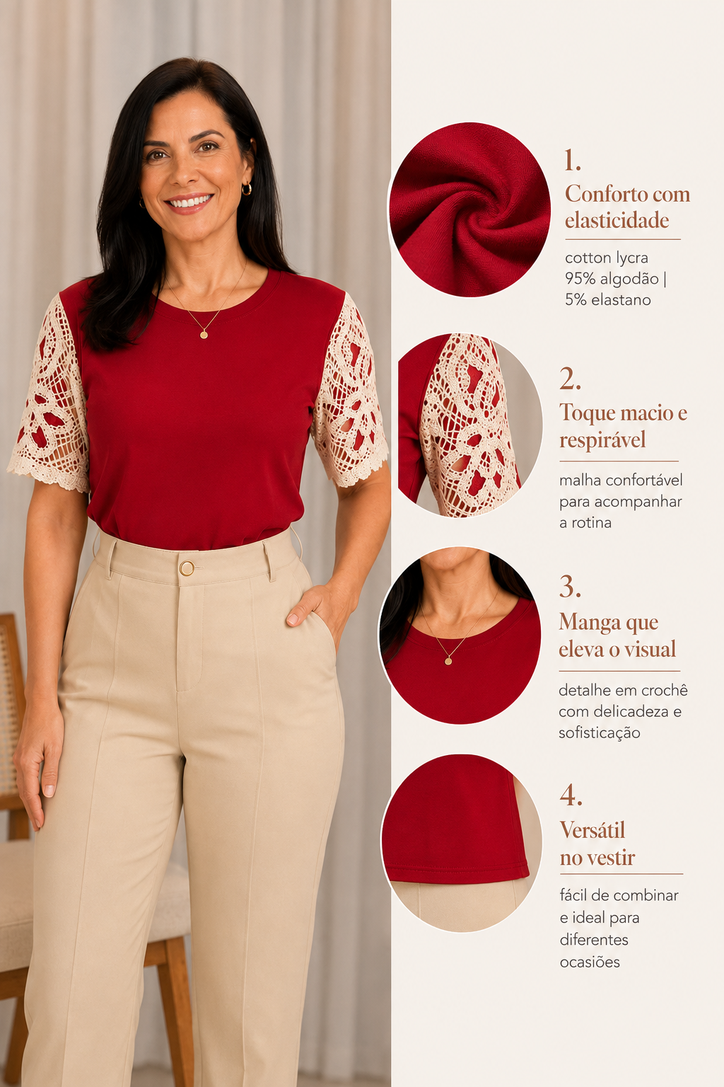 Blusa Cotton Lycra com Manga em Crochê Leonor Vermelha