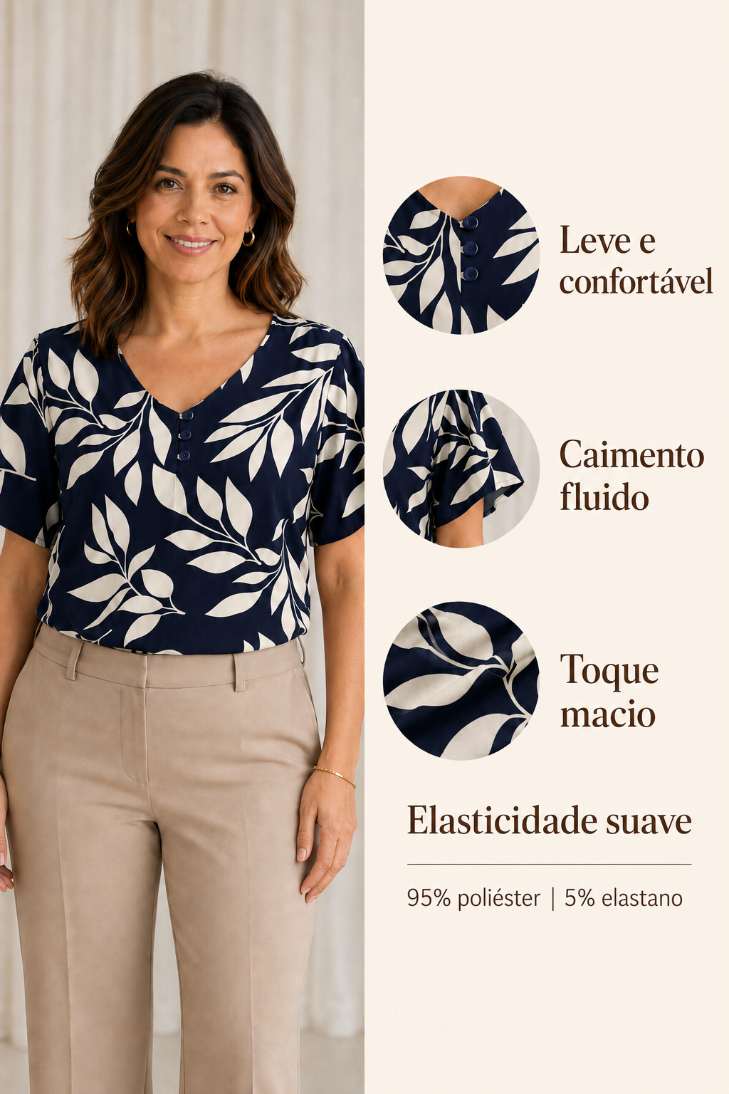Blusa Crepe Classic que Não Amassa Olga Azul Marinho