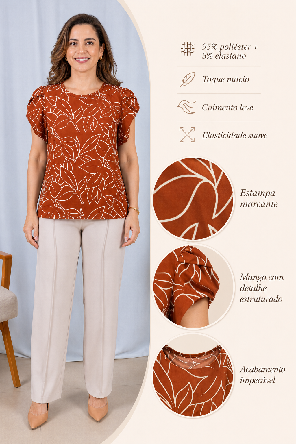 Blusa Estampada com Manga Transpassada Suelen Marrom